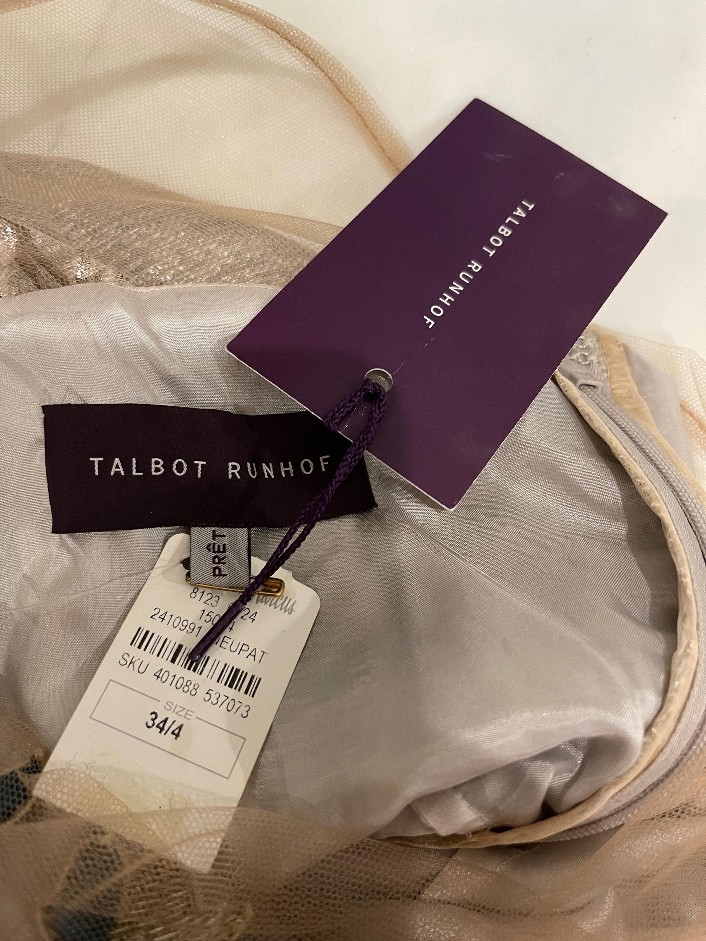 NWT TALBOT RUNHOF gold silk beaded and embroidered silk fit n’ flare dress ! Brand new, with original Neiman Marcus tags still attached. Tailored bodice features hundreds of hand-sewn gold beads with teal blue embroidery. Nude illusion mesh above