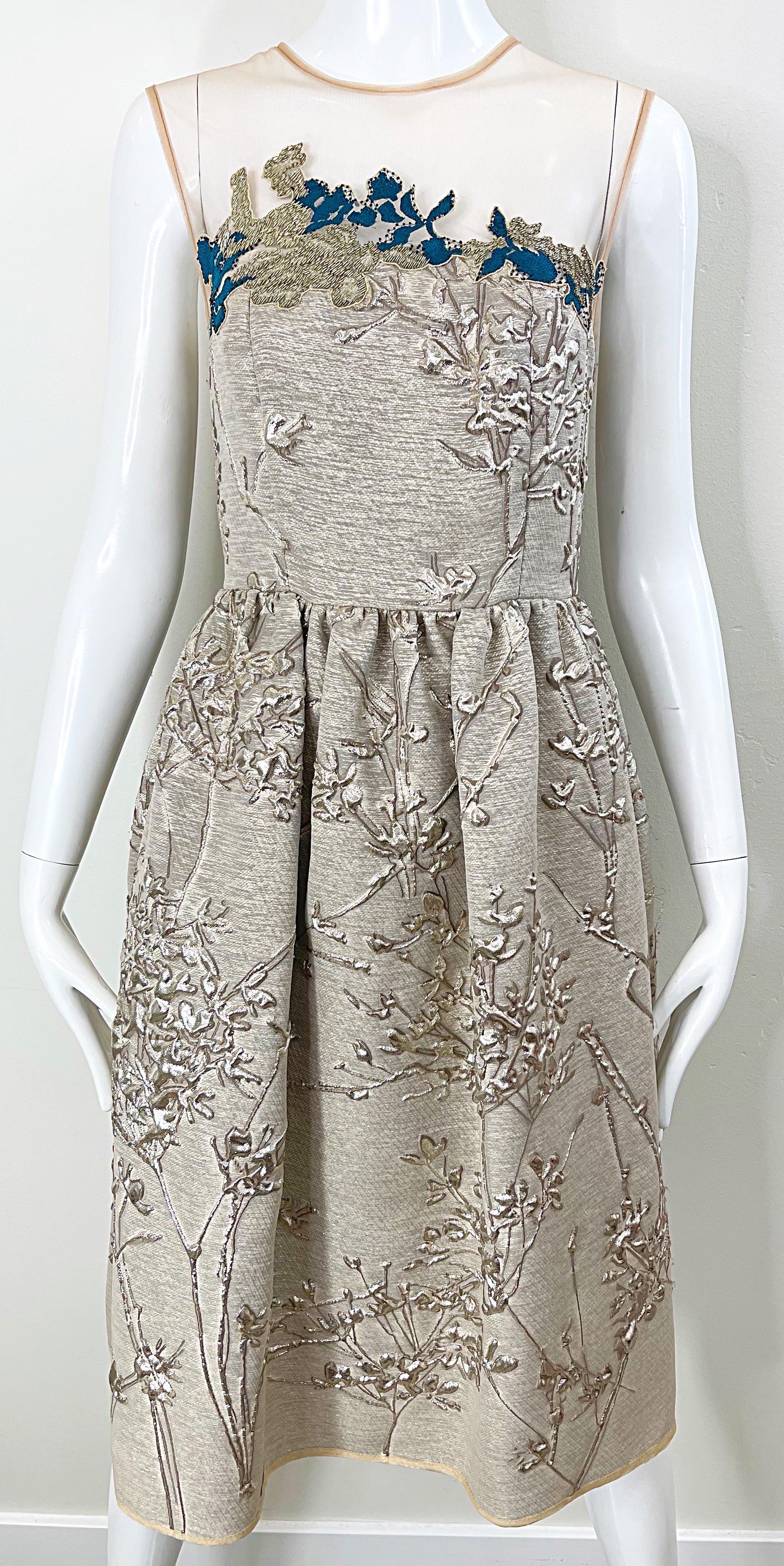 Women's NWT Talbot Runhof Size 4 Gold Silk Beaded Embroidered Fit n Flare Cocktail Dress For Sale
