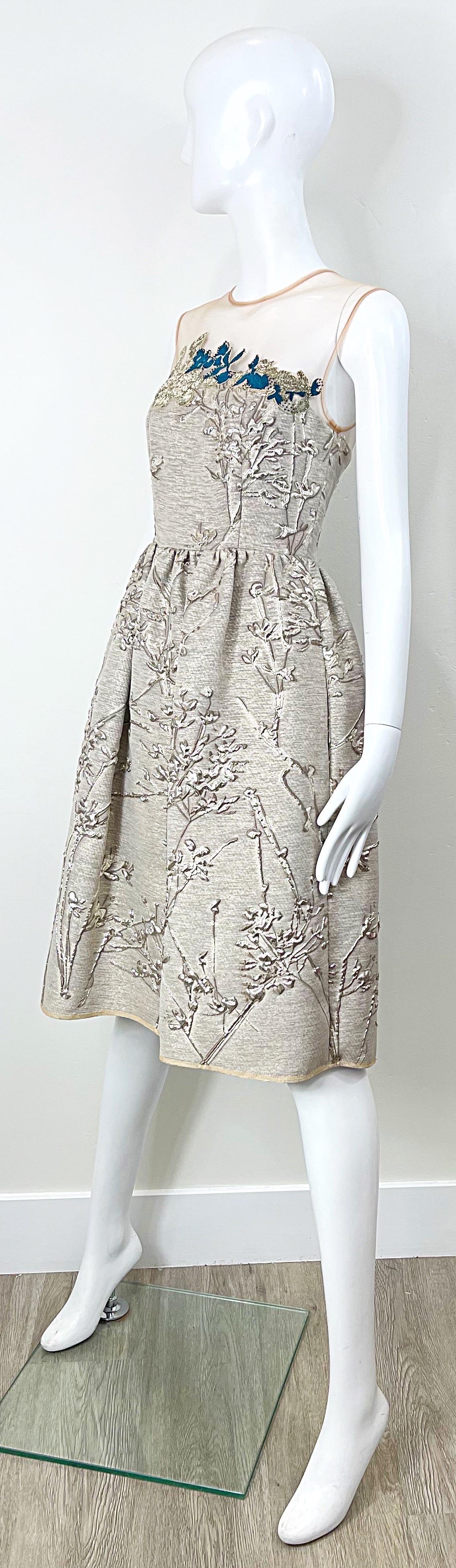 NWT Talbot Runhof Size 4 Gold Silk Beaded Embroidered Fit n Flare Cocktail Dress For Sale 1