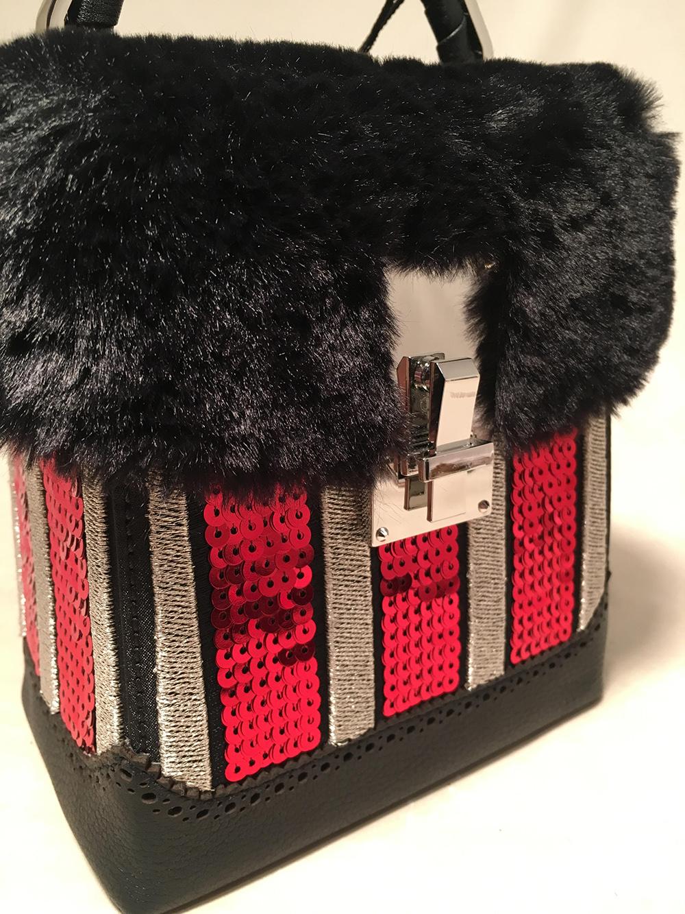 NWT The Volon Red Sequin & Black Fur Great Box Bag In New Condition For Sale In Philadelphia, PA
