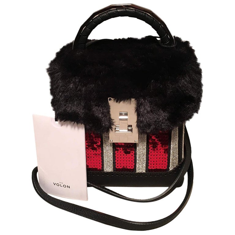 NWT The Volon Red Sequin and Black Fur Great Box Bag For Sale at