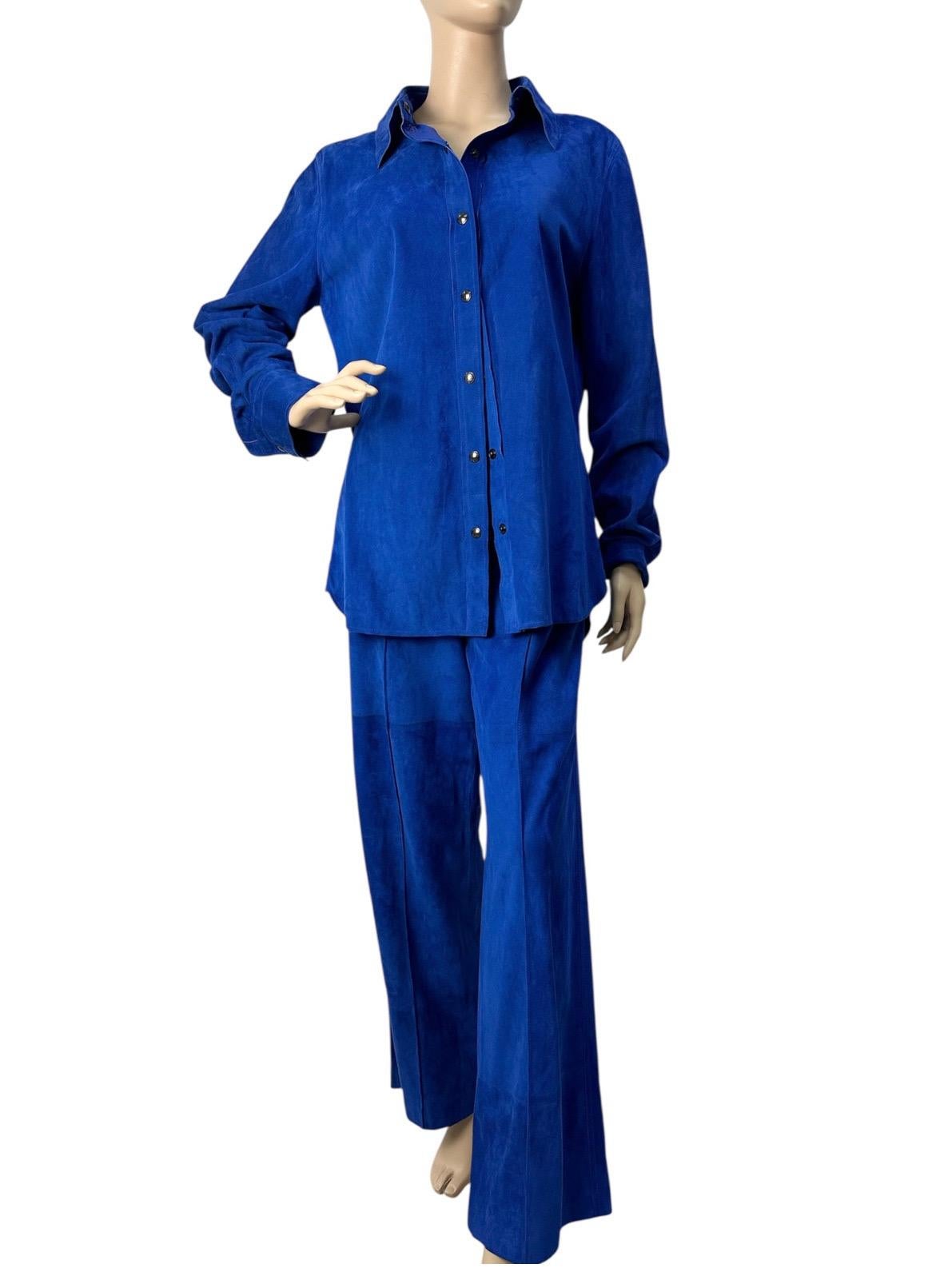 Donna NWT Tom Ford 2021 Colbat Blue Shirt Pants Set Suit Sz.42 US10 in vendita