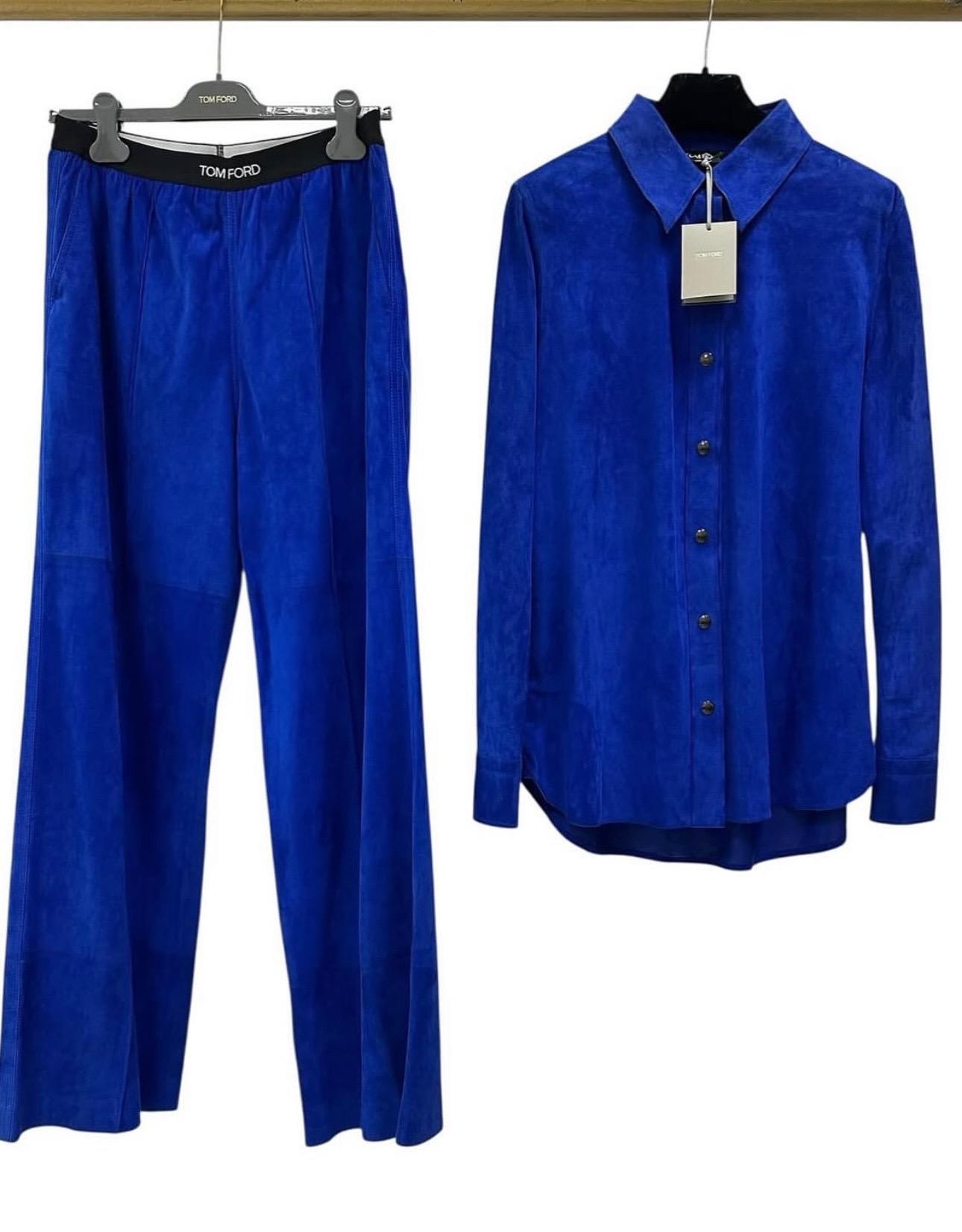 NWT Tom Ford 2021 Colbat Blue Shirt Pants Set Suit Sz.42 US10 in vendita 2