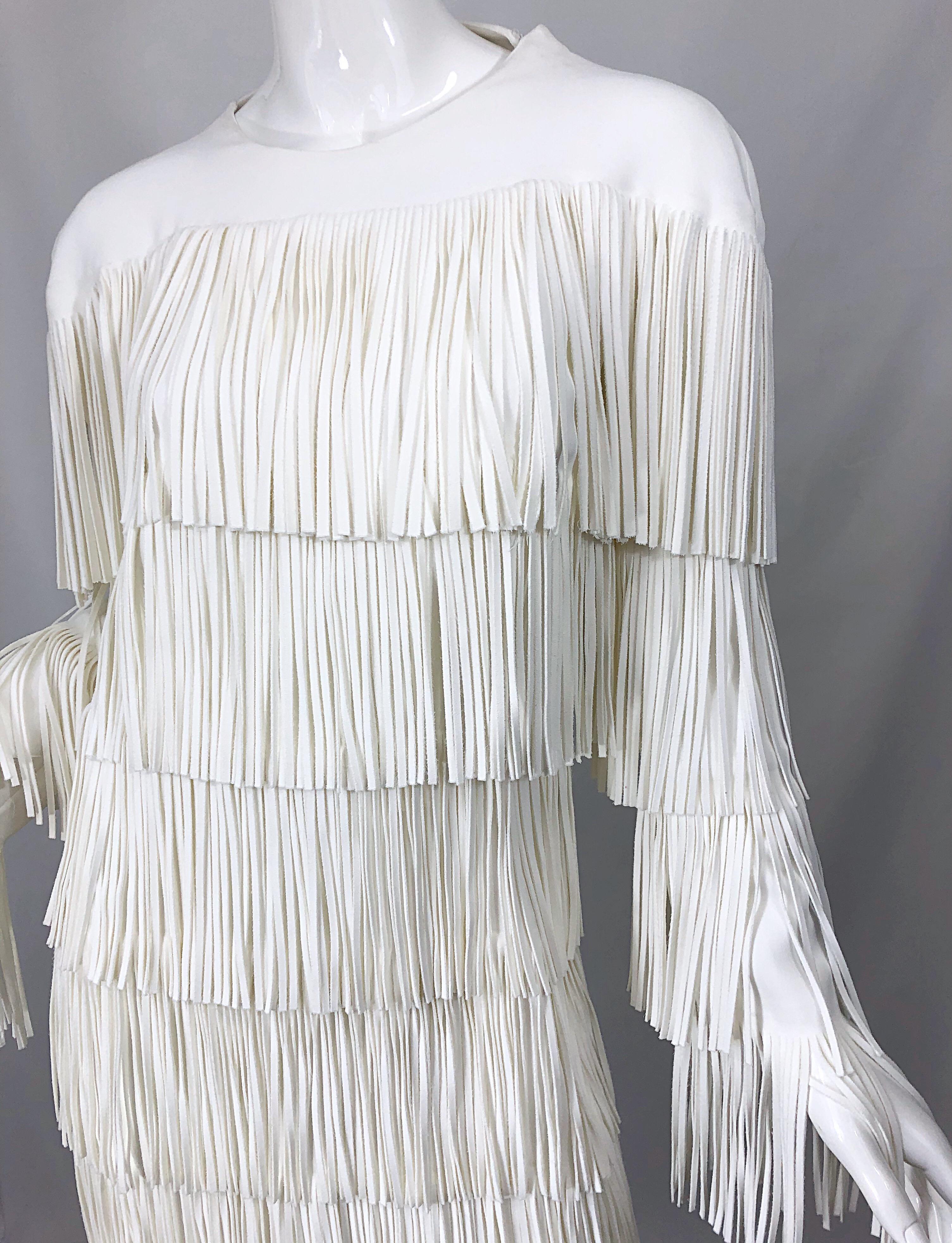 NWT Tom Ford $7, 000 Runway Fall 2015 Size 42 / 8 White Open Back Fringe Dress For Sale 3