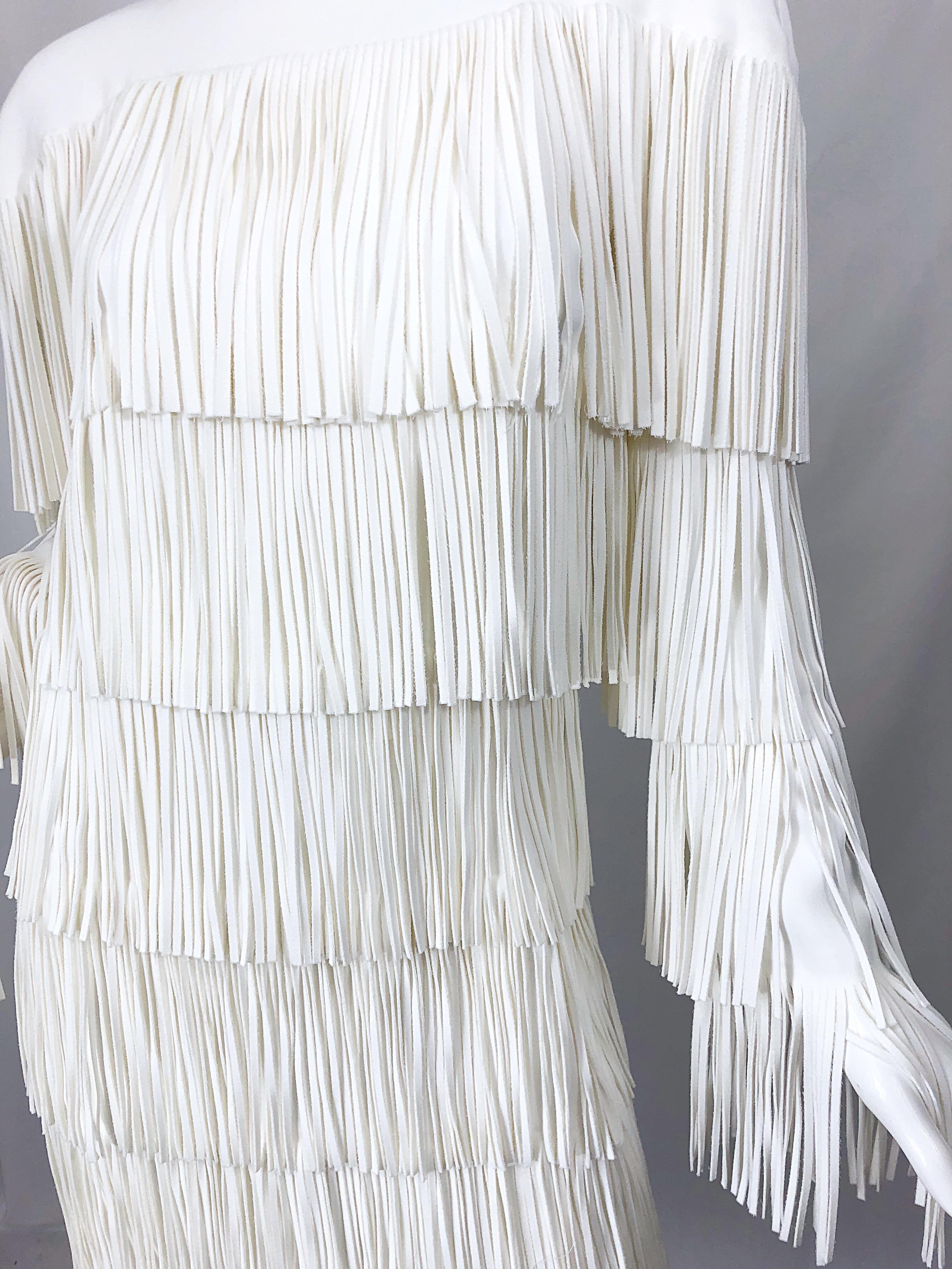 Gray NWT Tom Ford $7, 000 Runway Fall 2015 Size 42 / 8 White Open Back Fringe Dress For Sale