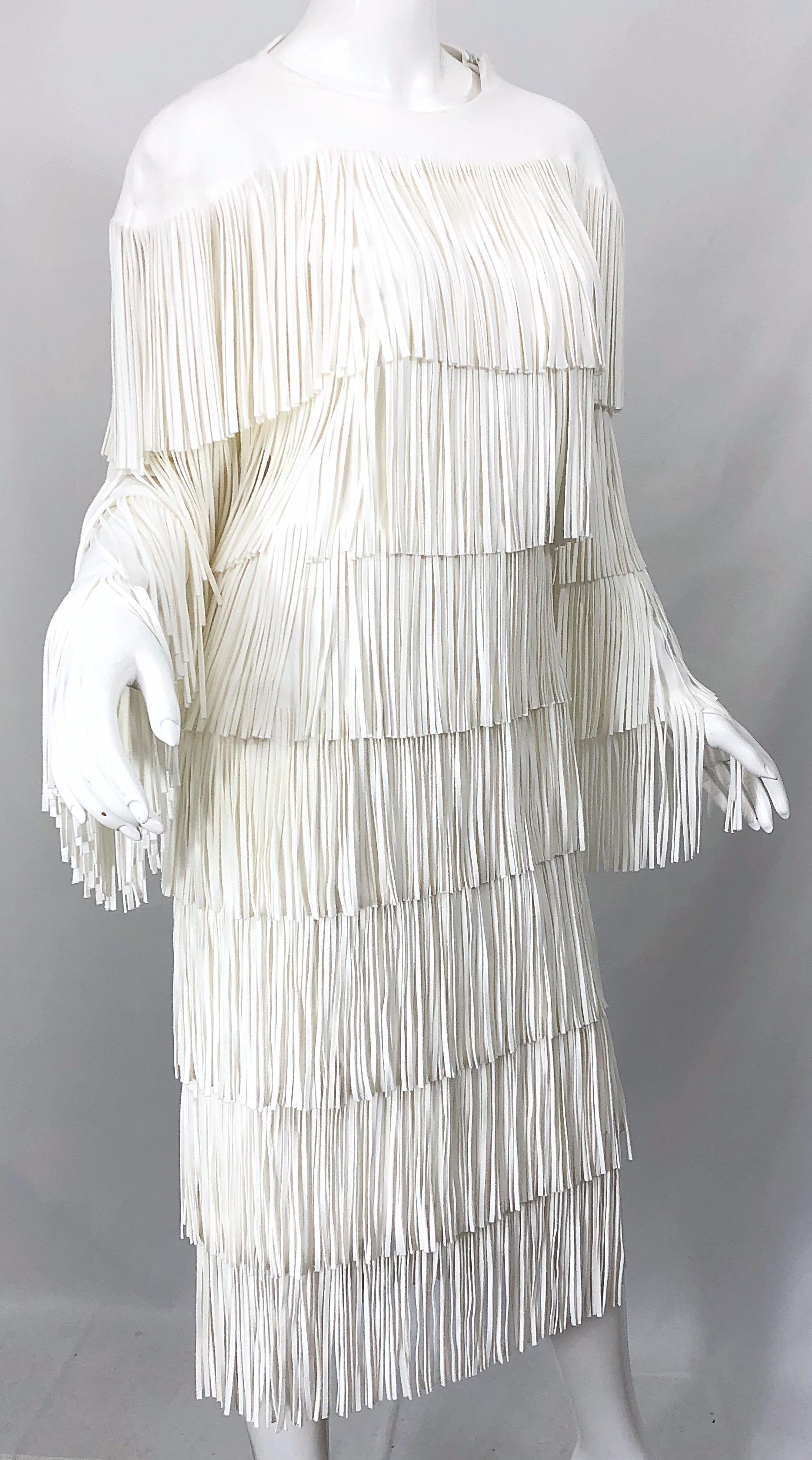 NWT Tom Ford $7, 000 Runway Fall 2015 Size 42 / 8 White Open Back Fringe Dress In New Condition For Sale In San Diego, CA