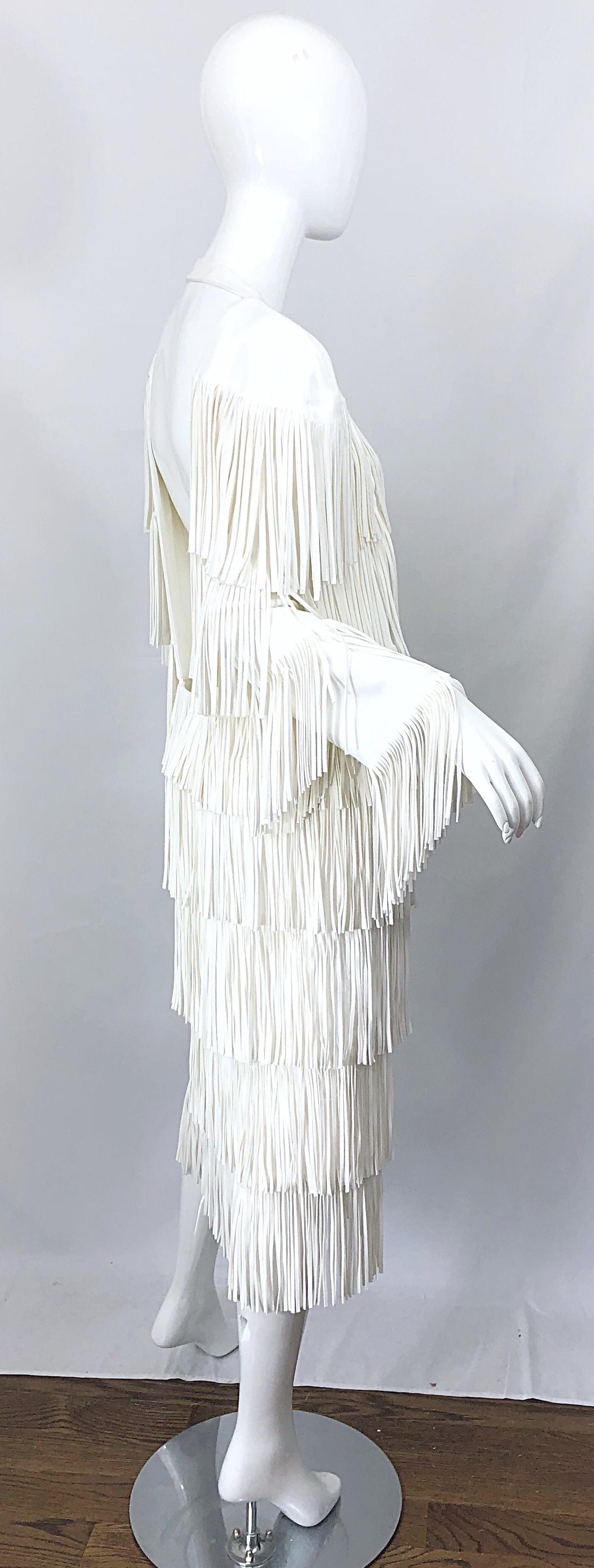 Women's NWT Tom Ford $7, 000 Runway Fall 2015 Size 42 / 8 White Open Back Fringe Dress For Sale