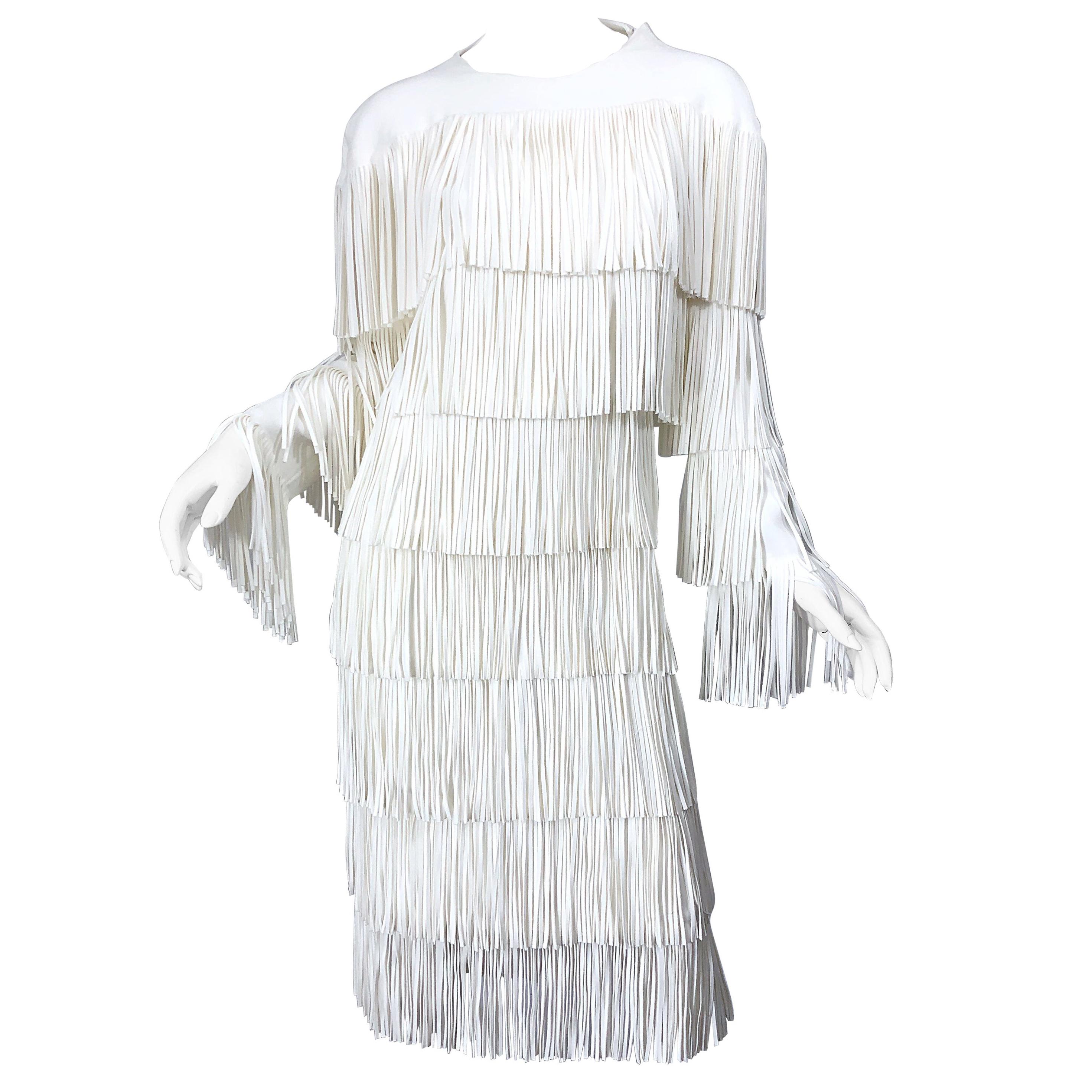 NWT Tom Ford $7, 000 Runway Fall 2015 Size 42 / 8 White Open Back Fringe Dress For Sale