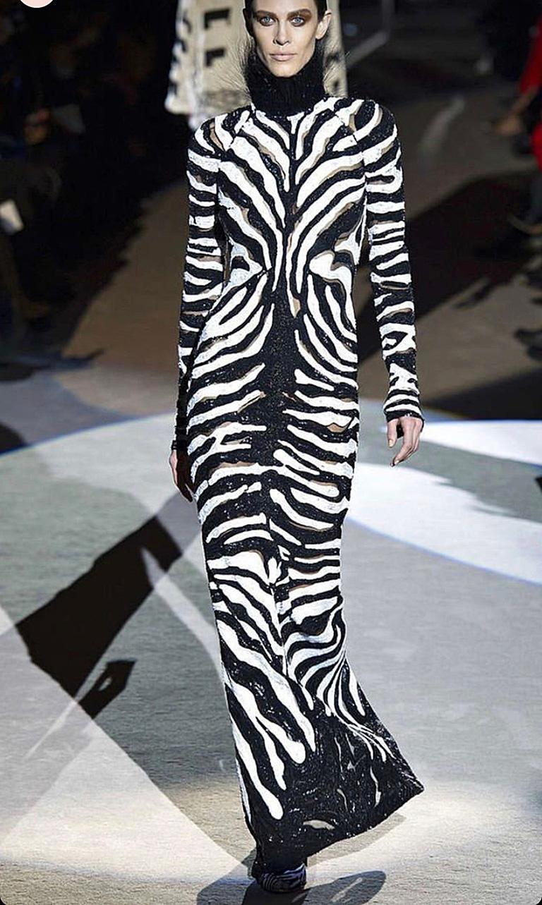 Black NWT $23K Tom Ford Beaded Zebra Ostrich Feather Dress Gown  Rare! For Sale