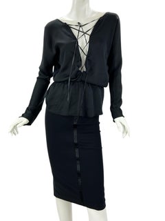 NWT Tom Ford for Gucci 2002 Runway Black Silk Lace Up Top + Stretch Skirt It 40