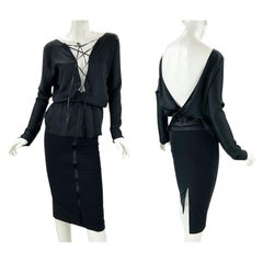 NWT Tom Ford for Gucci 2002 Runway Noir Silk Lace Up Top + Stretch Skirt It 40