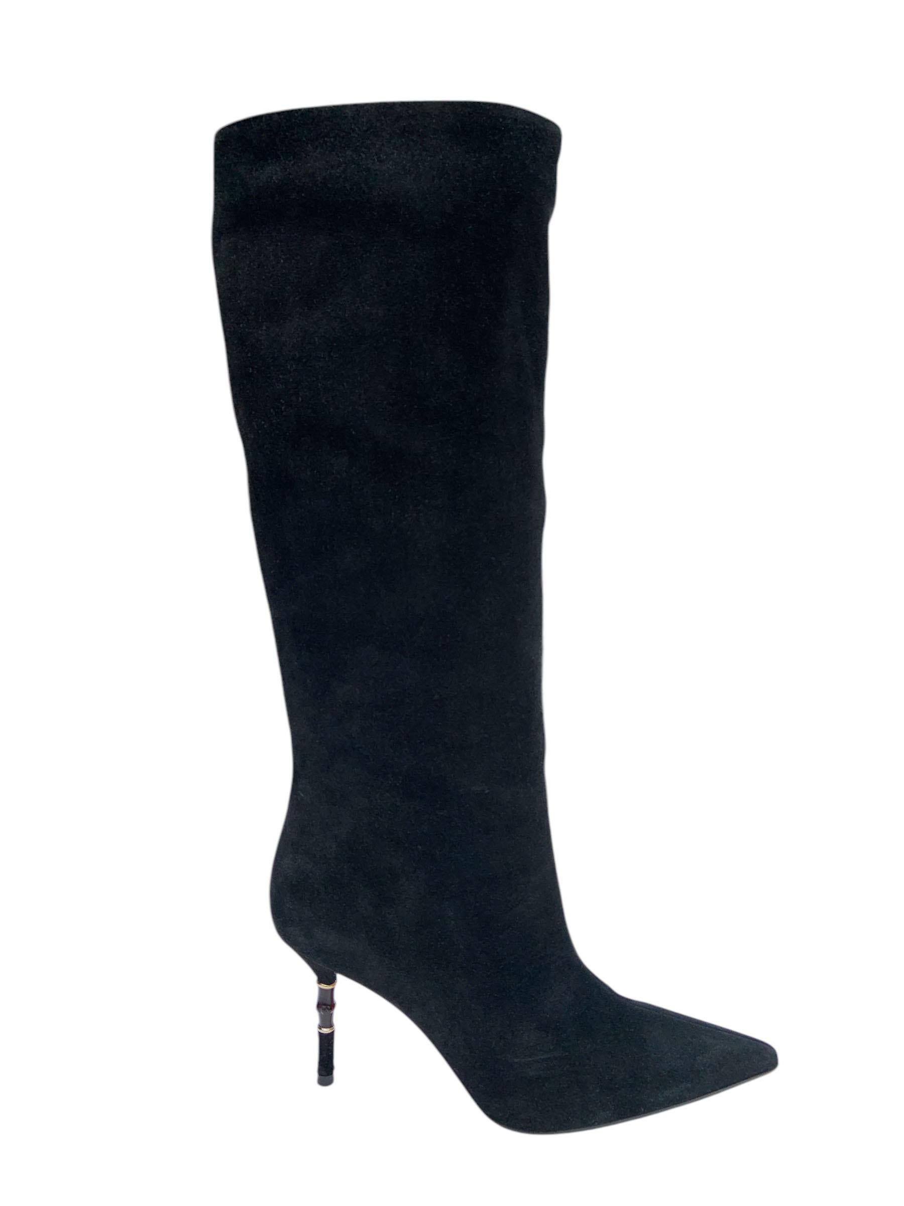 NWT Tom Ford for Gucci Black Suede Bamboo Heel Knee Boots
Italian size 40 - US 10
Classic Gucci bamboo style heel with gold accents. Pull on style, no zipper. 
Heel height - 3.5 inches, Leather lining.
Comes with original box, Dust bag.
Made in