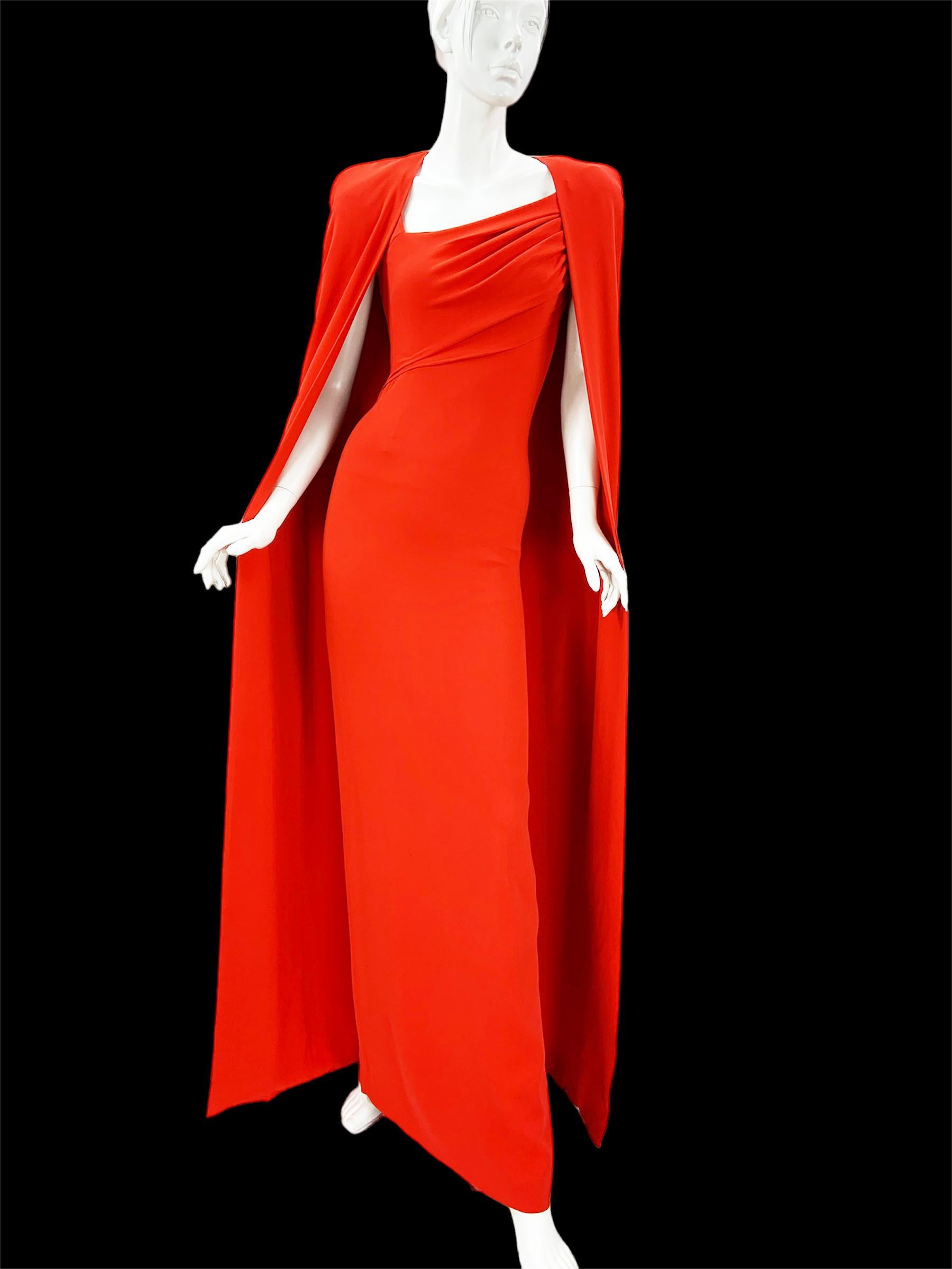 NWT Tom Ford FW 2023 Venetian Red Silk-Georgette Evening Cape Dress Italian 38 For Sale 10