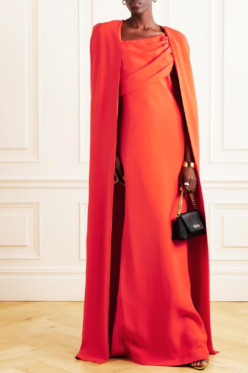 NWT Tom Ford FW 2023 Venetian Red Silk-Georgette Evening Cape Dress Italian 38 For Sale 3
