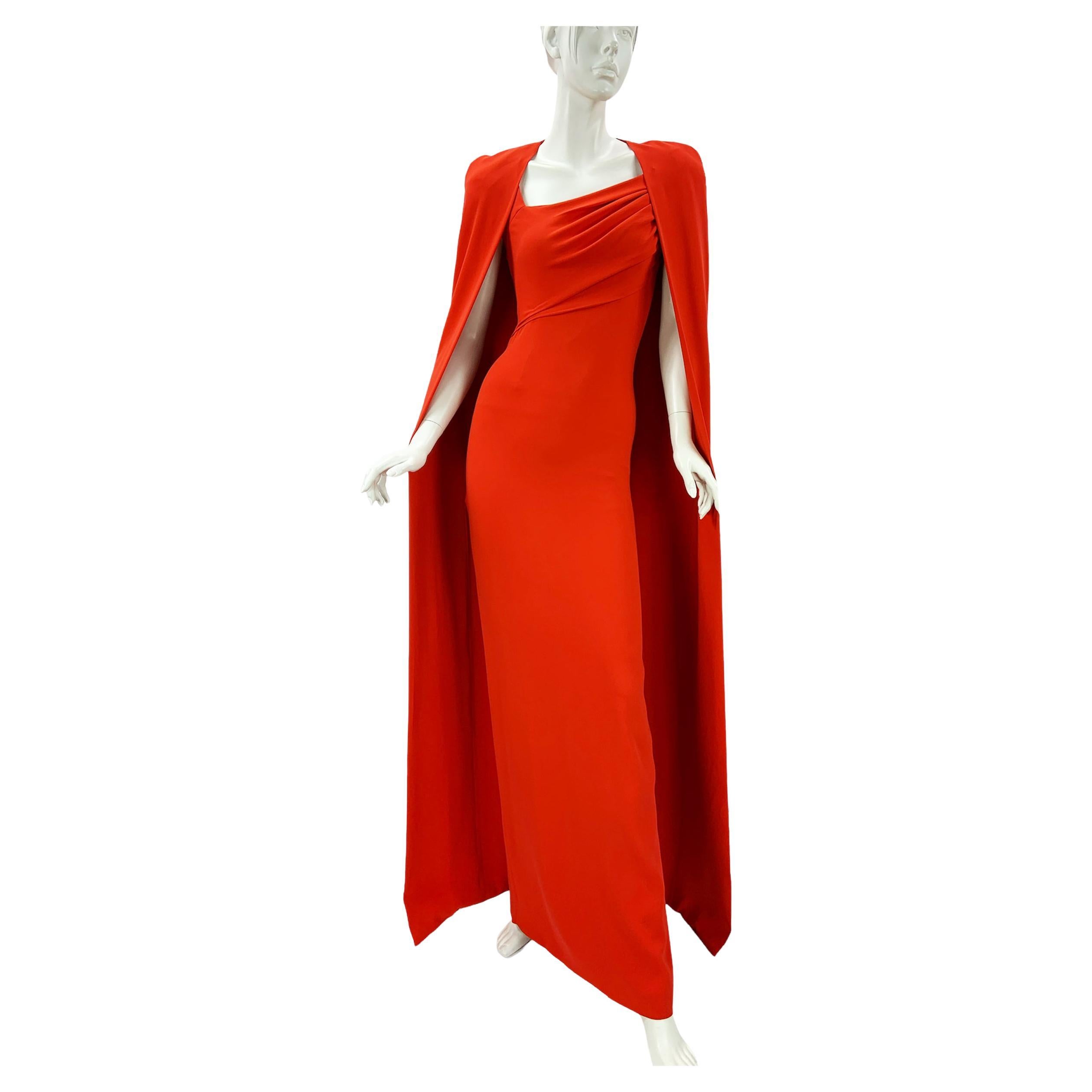 NWT Tom Ford FW 2023 Venetian Red Silk-Georgette Evening Cape Dress Italian 38 For Sale