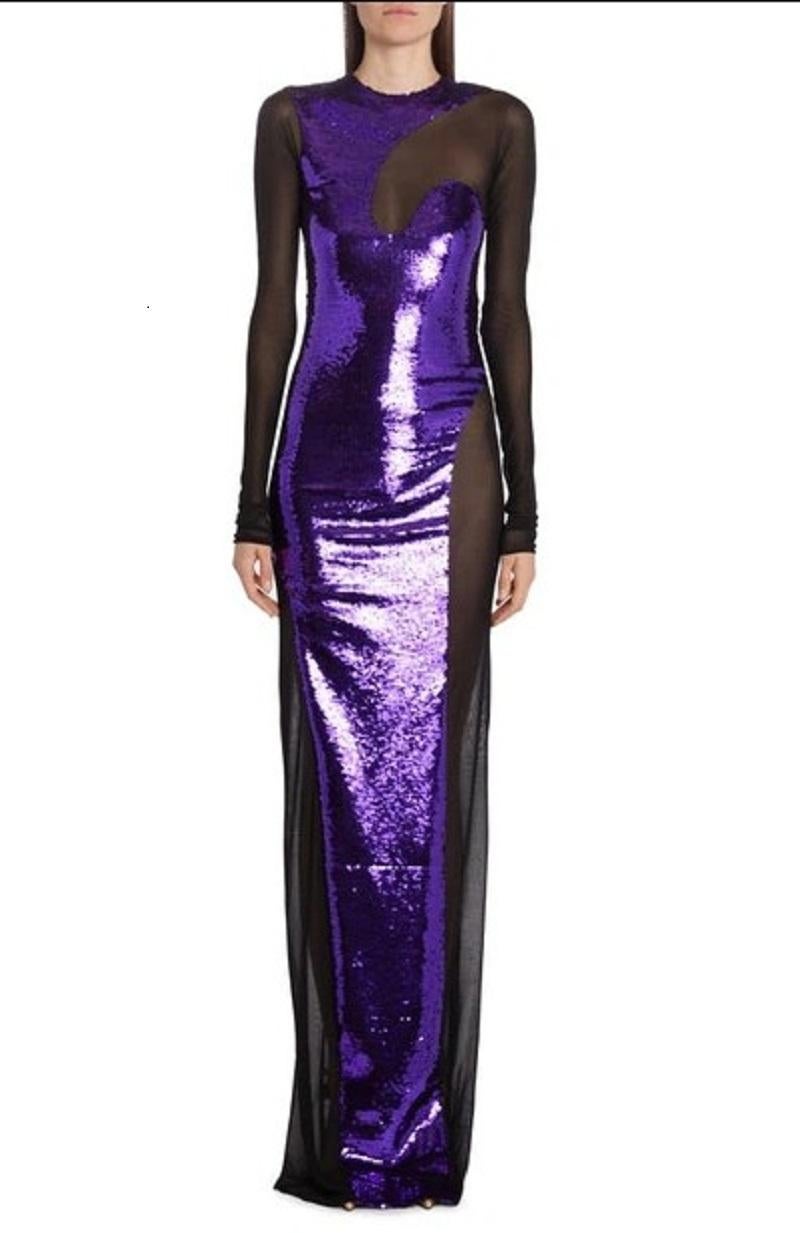 NWT Tom Ford S/S 2023 Amethyst Liquid Sequins Black Mesh Sexy Evening Dress 40 In New Condition For Sale In Montgomery, TX