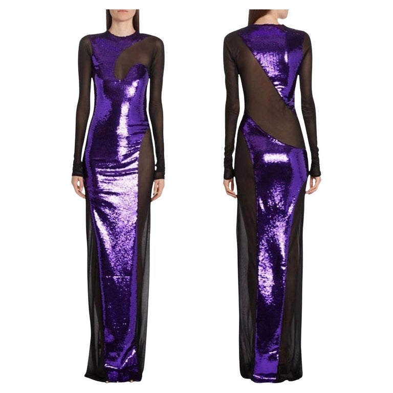 tom ford liquid sequin dress NWT Tom Ford S/S 2023 Amethyst Liquid Sequins Black Mesh Sexy Evening Dress  40