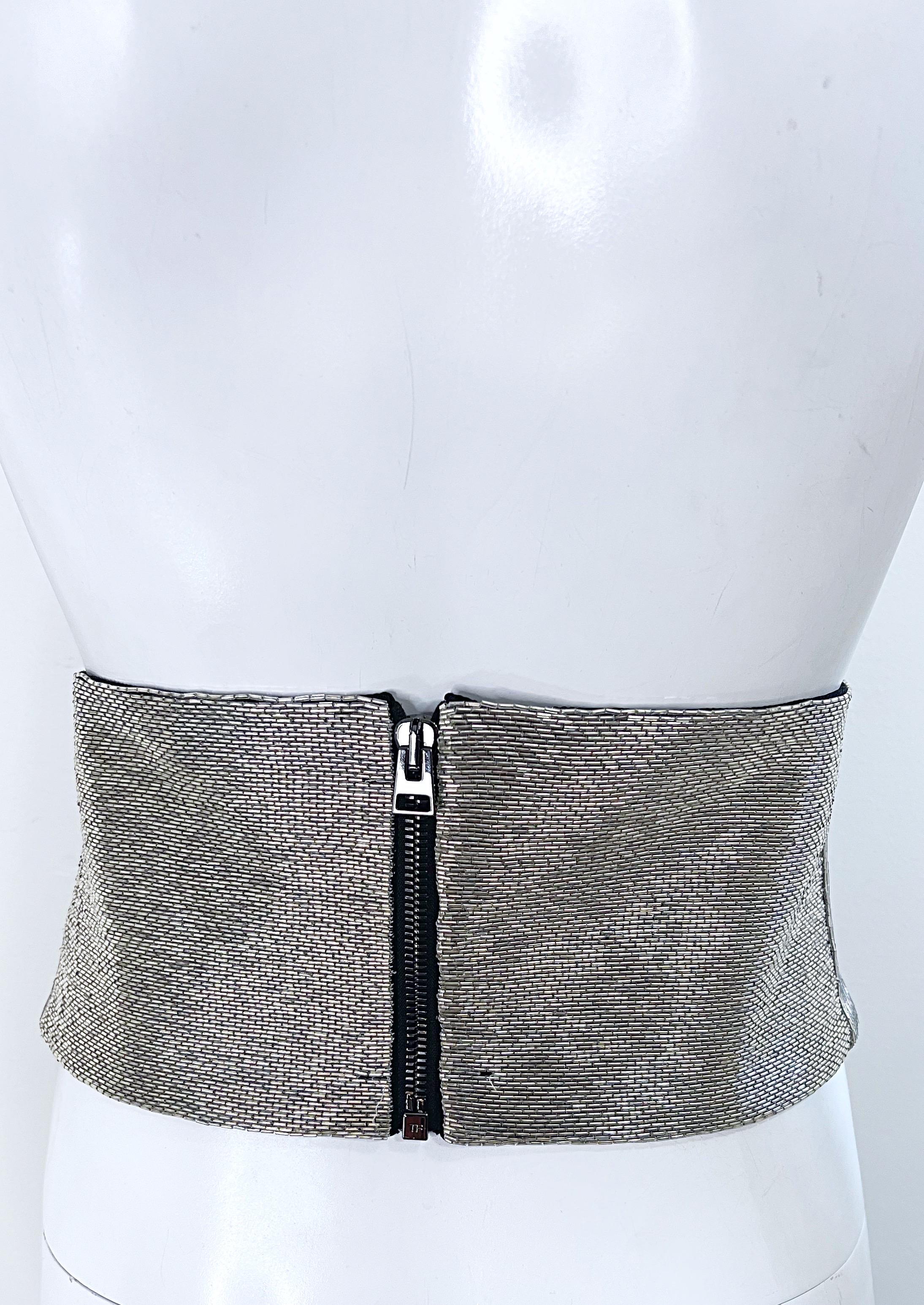 NWT Tom Ford Size 44 / 10 Silver Beaded Metallic Wide Silk Belt 31 Inch Waist In Excellent Condition For Sale In San Diego, CA