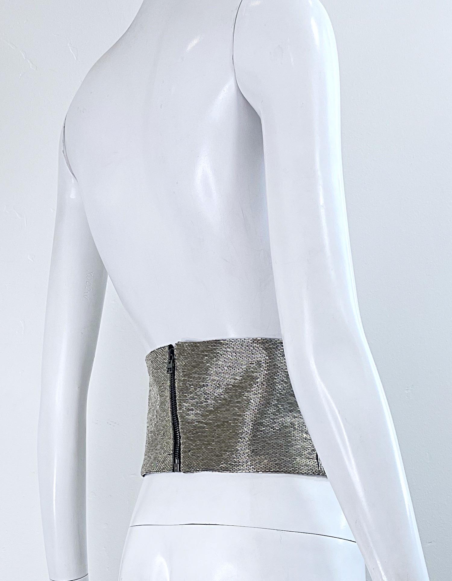 NWT Tom Ford Size 44 / 10 Silver Beaded Metallic Wide Silk Belt 31 Inch Waist For Sale 1