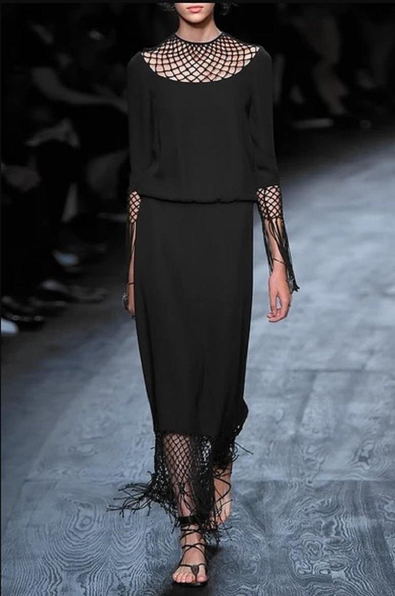 New Valentino Runway Black Silk Crepe Macramé Dress
Italian size - 40
Same dress as seen on Queen of the Netherlands Maxima. 
Silk Crepe, Macramé Details, Fringe Trim, Back Buttons Closure, Fabric Stretchy.
Measurements: Length - 59 inches (
