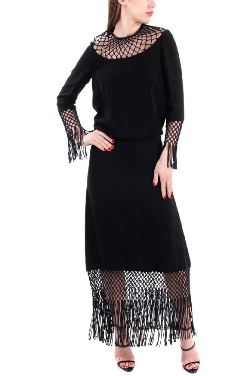 Women's NWT Valentino as seen on Queen Maxima Black Macramé Silk Crepe Fringe Dress 40 For Sale