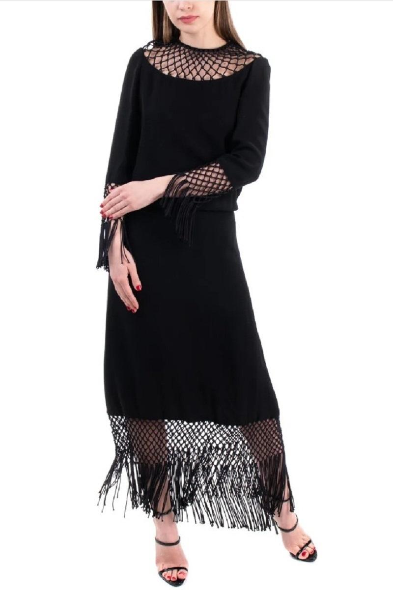 NWT Valentino as seen on Queen Maxima Black Macramé Silk Crepe Fringe Dress 40 For Sale 1