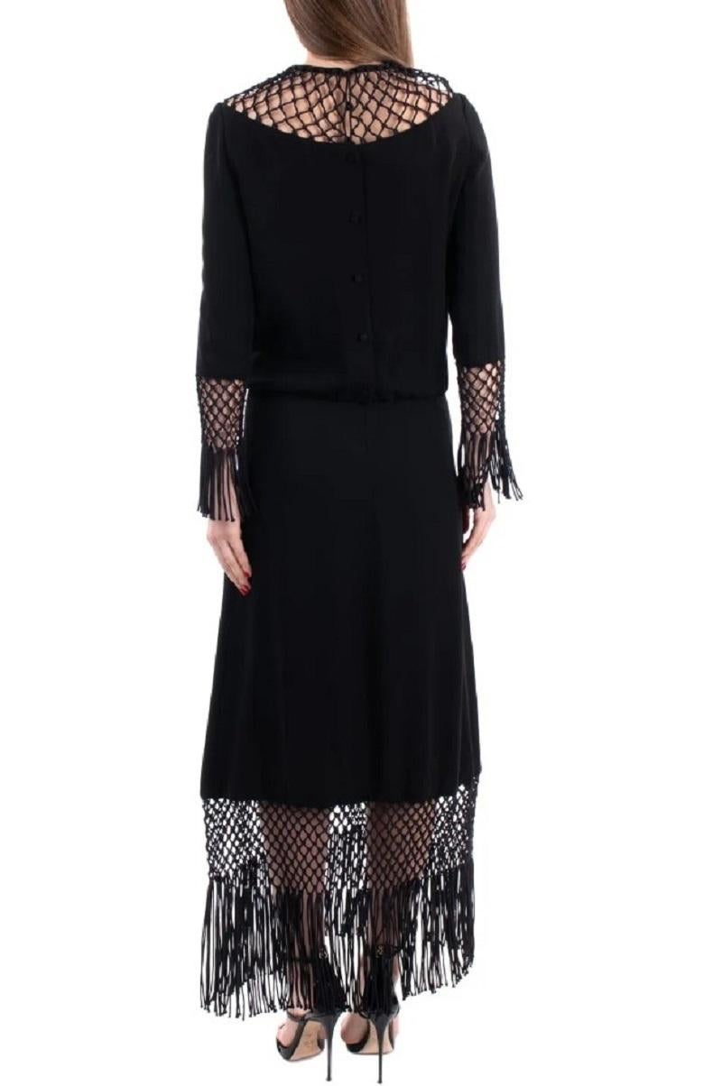 NWT Valentino as seen on Queen Maxima Black Macramé Silk Crepe Fringe Dress 40 For Sale 2