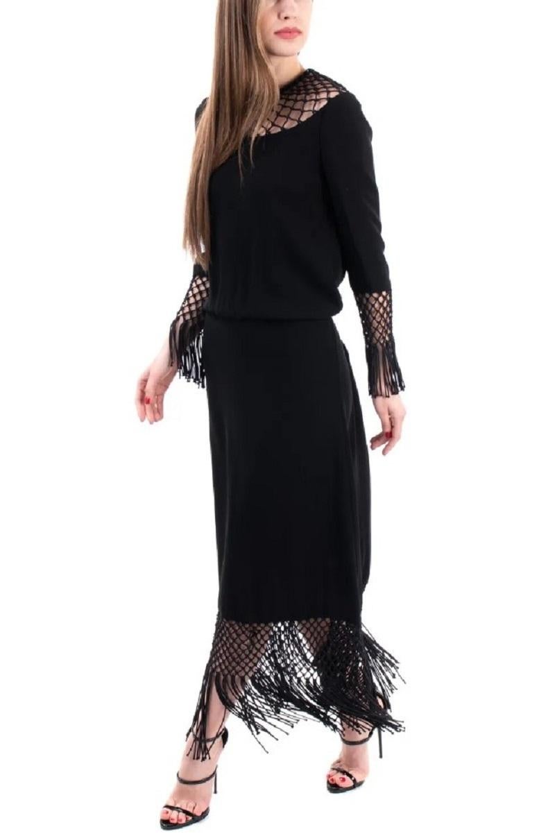 NWT Valentino as seen on Queen Maxima Black Macramé Silk Crepe Fringe Dress 40 For Sale 3