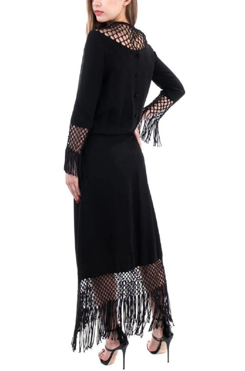 NWT Valentino as seen on Queen Maxima Black Macramé Silk Crepe Fringe Dress 40 For Sale 4