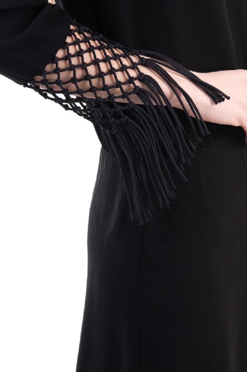 NWT Valentino as seen on Queen Maxima Black Macramé Silk Crepe Fringe Dress 40 For Sale 5