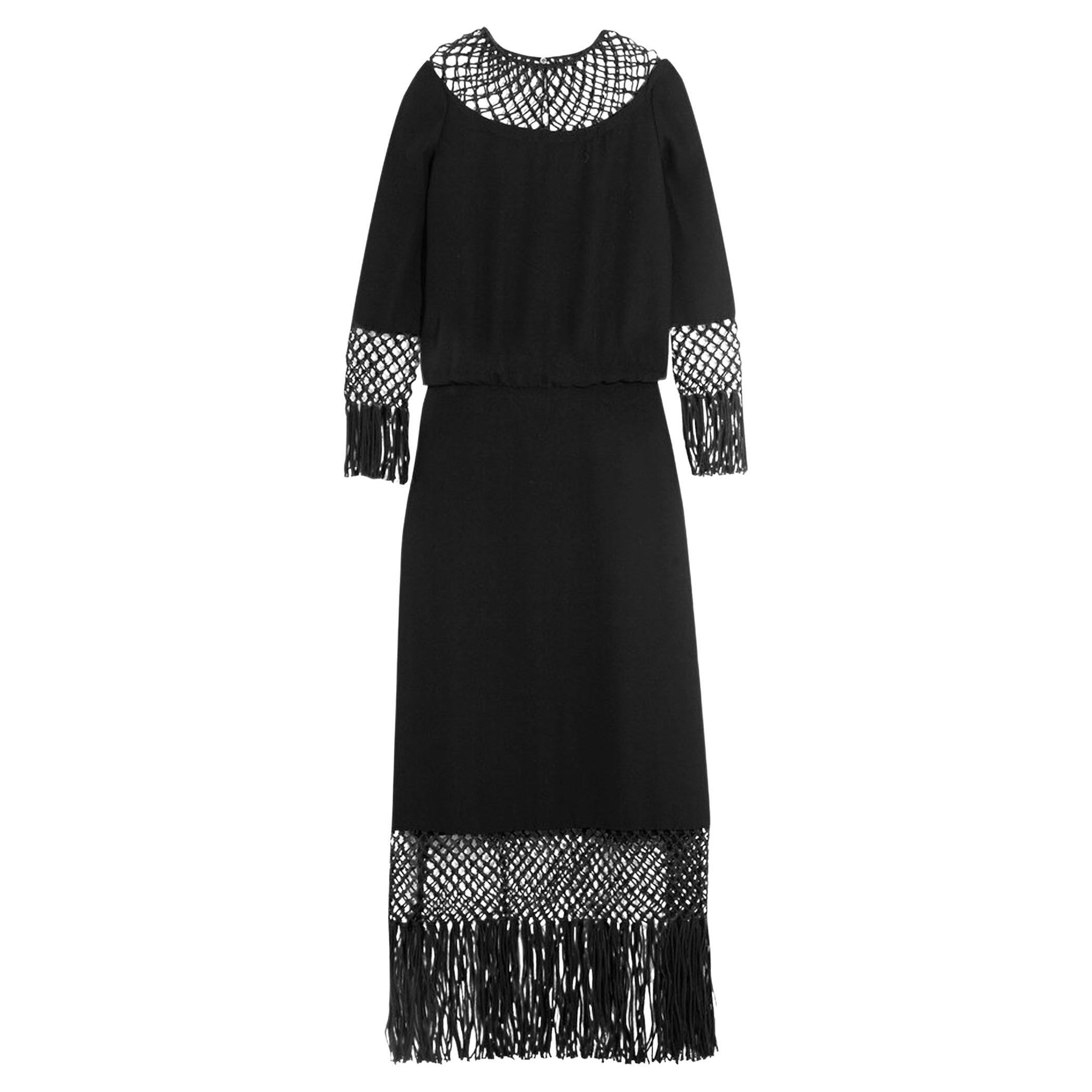 NWT Valentino as seen on Queen Maxima Black Macramé Silk Crepe Fringe Dress 40 For Sale