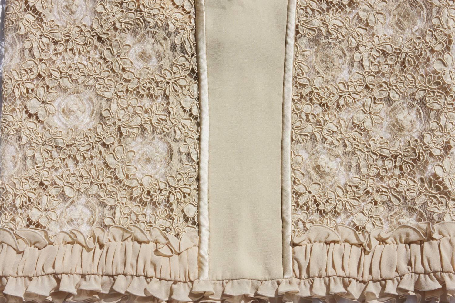 Beige NWT Valentino Vintage S/S 2002 Champagne Sheer Lace Romantic Ruffle Skirt US 6 For Sale