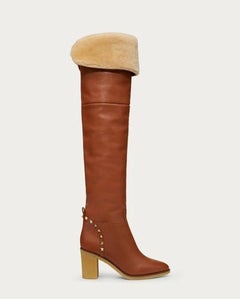 NWT Valentino Leather Lamb Shearling Lined Over Knee Rockstud Boots 38.5 / 36.5