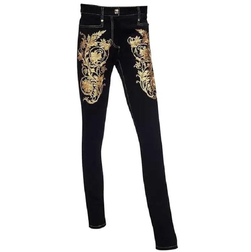 NWT Versace $2150 Black Gold Baroque Embroidery Stretch Jeans size 27 and 26 For Sale 6