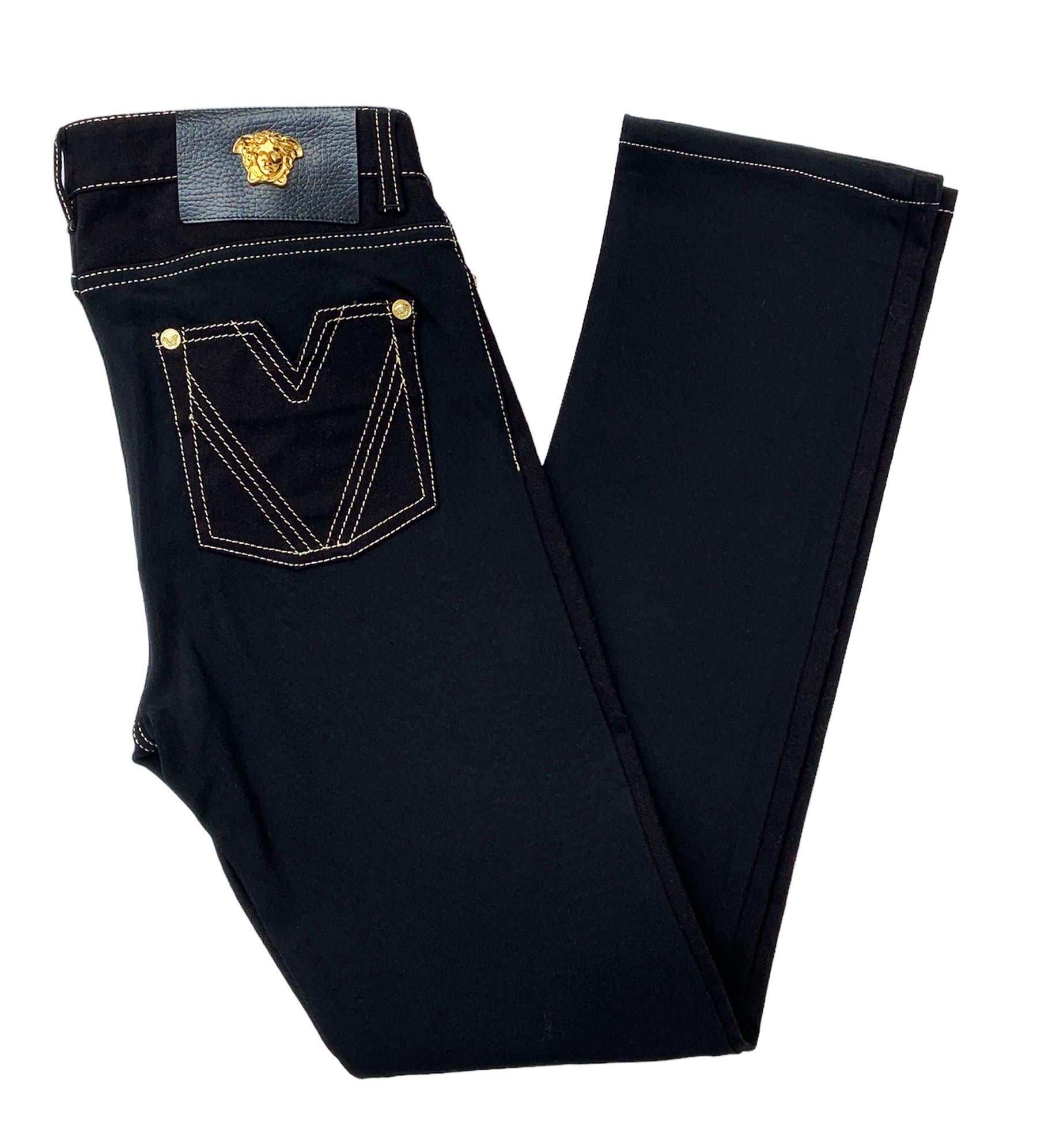 NWT Versace $2150 Black Gold Baroque Embroidery Stretch Jeans size 27 and 26 In New Condition For Sale In Montgomery, TX