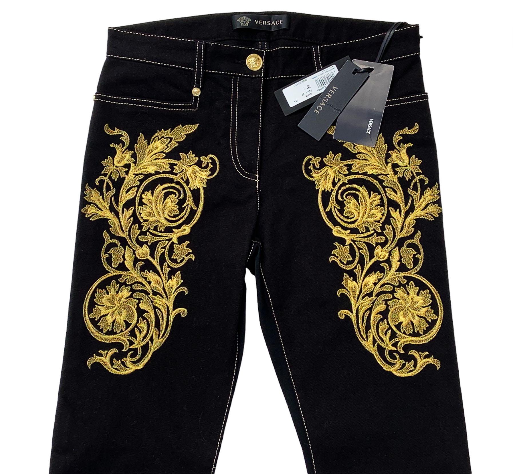 Women's NWT Versace $2150 Black Gold Baroque Embroidery Stretch Jeans size 27 and 26 For Sale