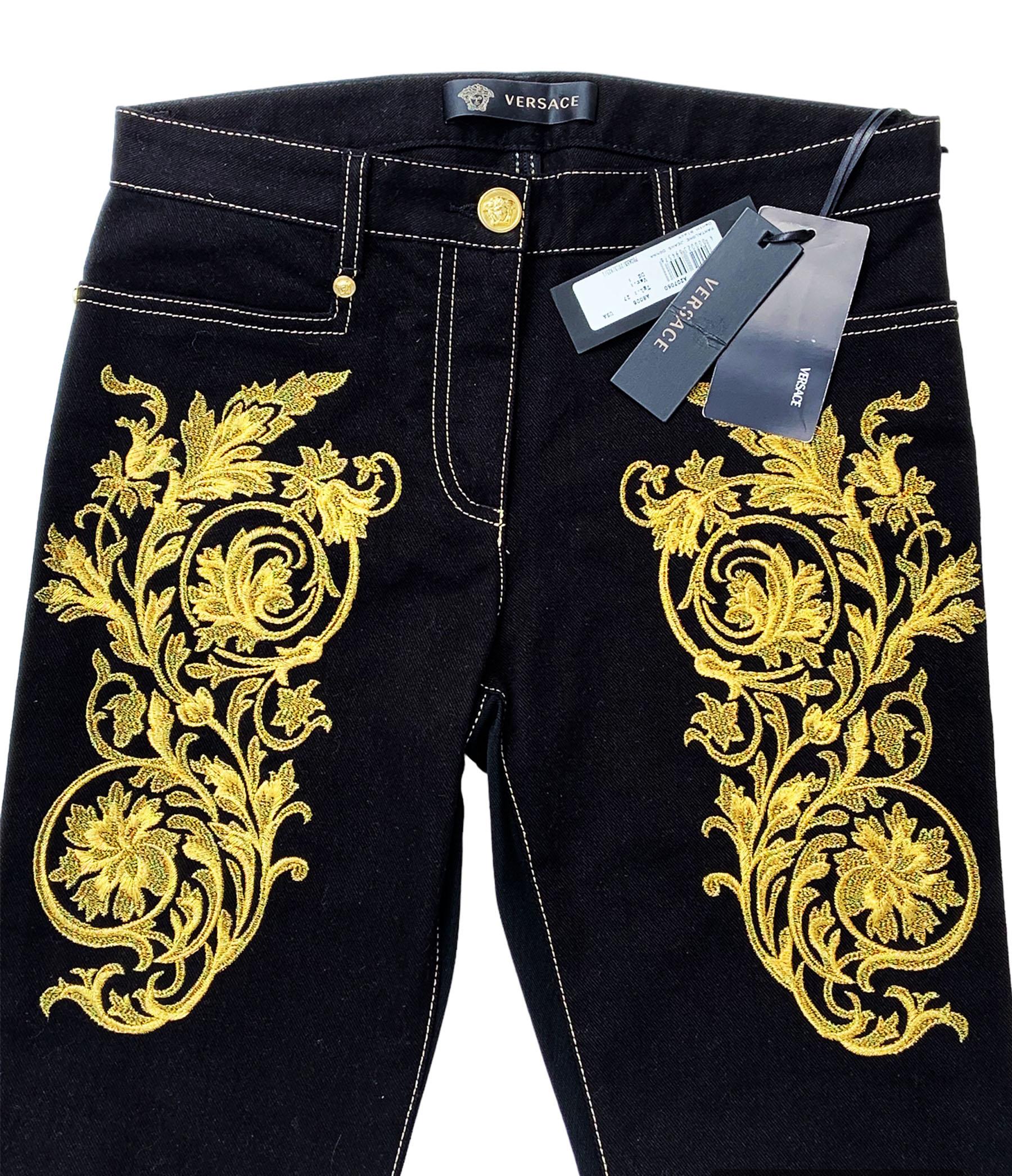 NWT Versace $2150 Black Gold Baroque Embroidery Stretch Jeans size 27 and 26 For Sale 1