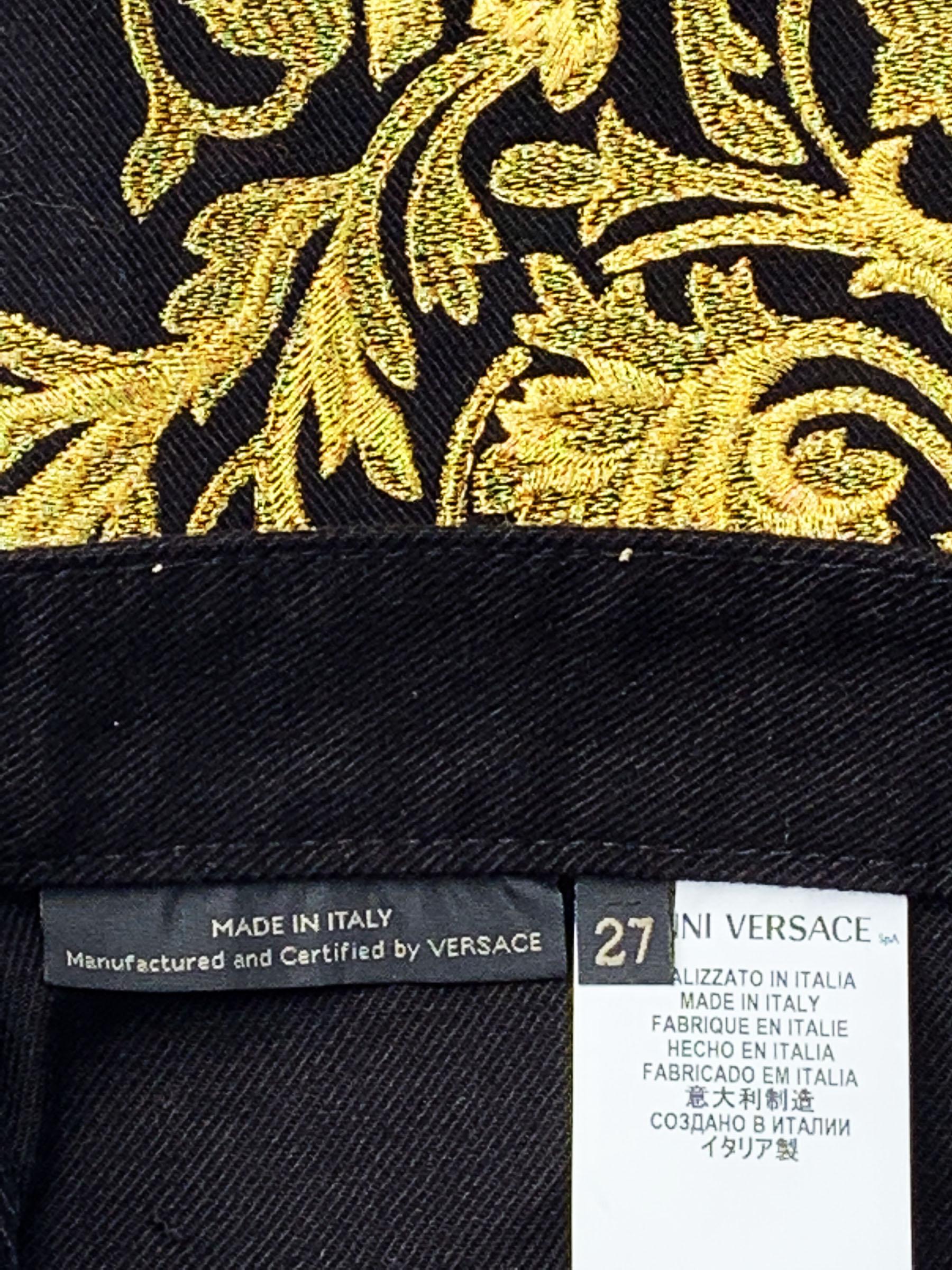 NWT Versace $2150 Black Gold Baroque Embroidery Stretch Jeans size 27 and 26 For Sale 5