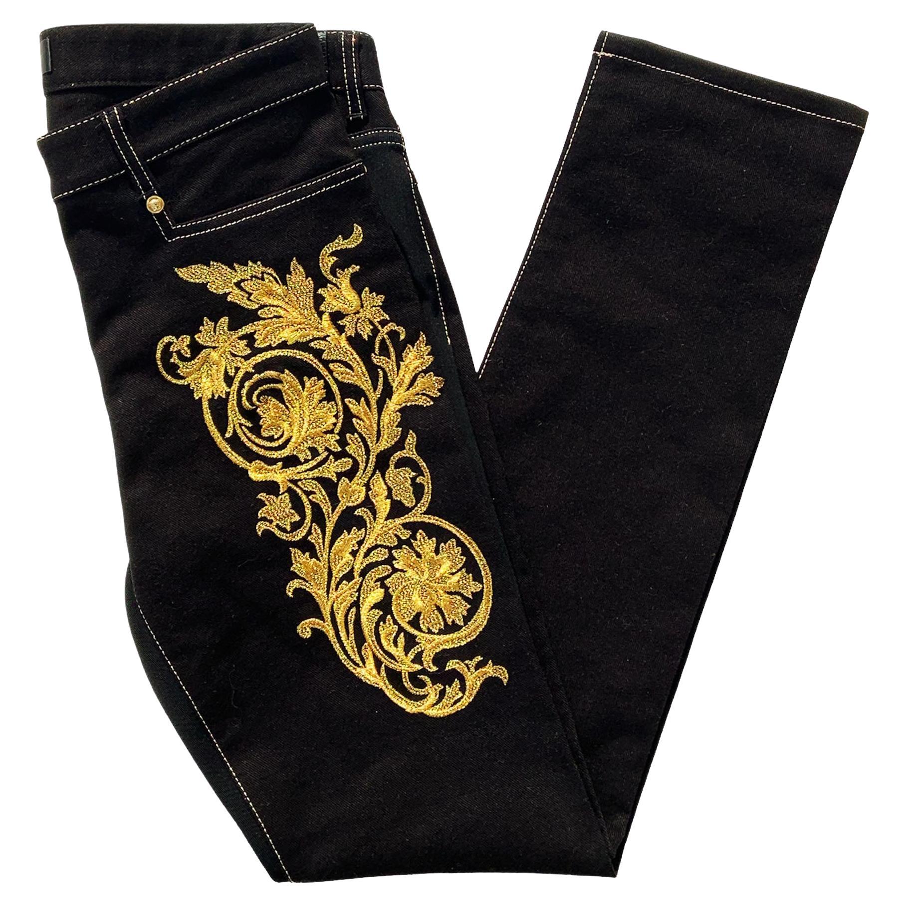 NWT Versace $2150 Black Gold Baroque Embroidery Stretch Jeans size 27 and 26 For Sale