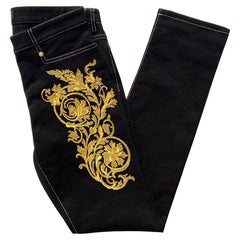 NEU Versace $2150 Schwarz Gold Barocke Stretch-Jeans mit Barockstickerei Größe 27 und 26