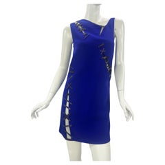 NWT Versace Blue Swarovski Crystal Embellished Cut-Out Silk Mini Dress 38 US 4