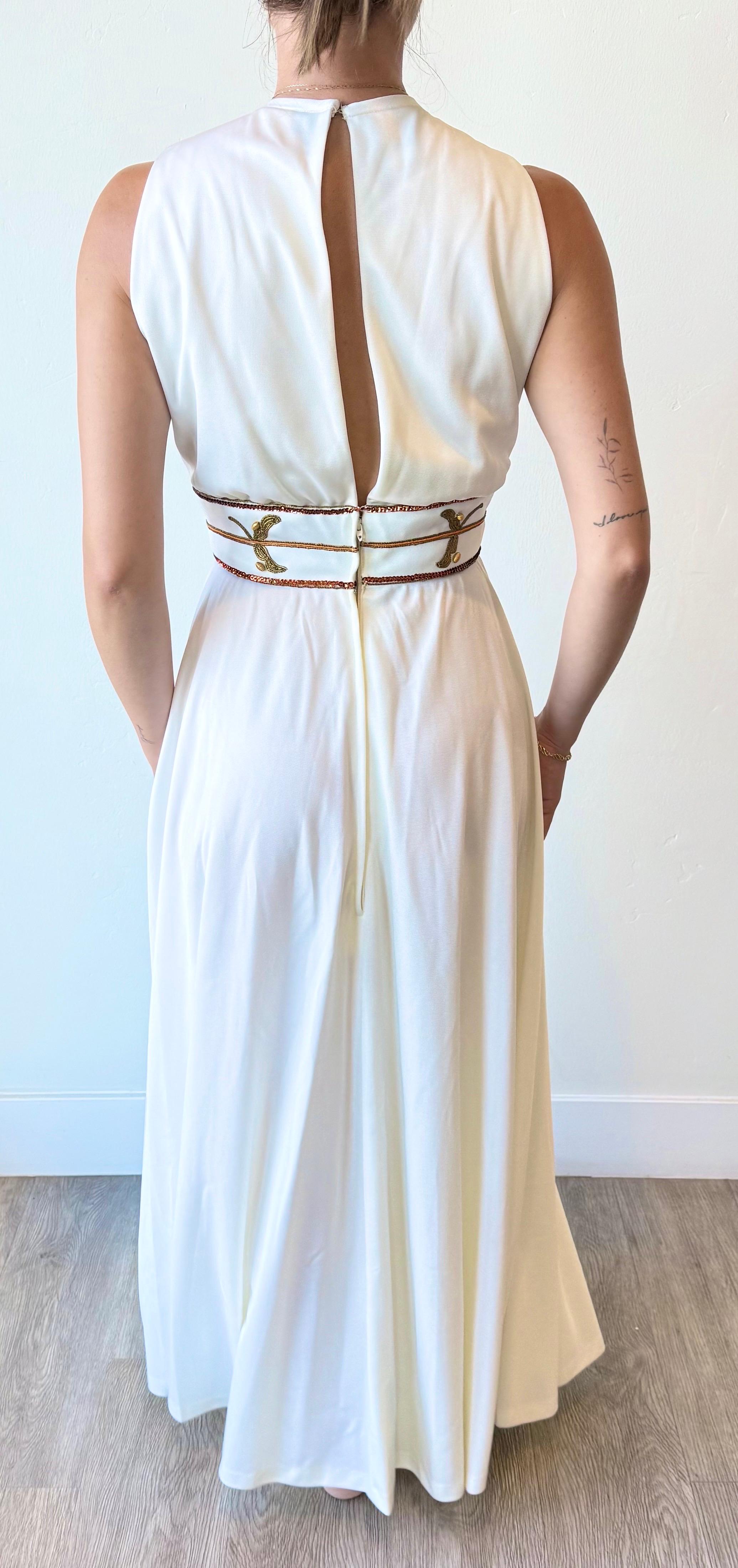 NWT Vintage 1970s Birdine's Sunshine White Beaded Grecian Maxi Dress Gown en venta 5