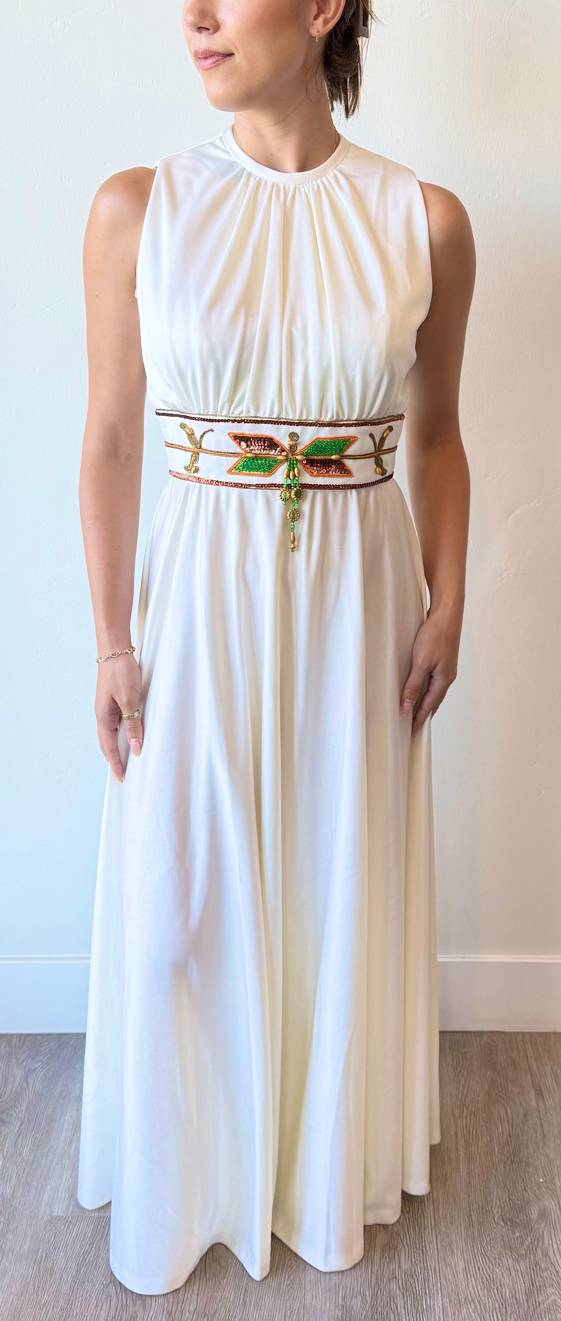 NWT Vintage 1970s Birdine's Sunshine White Beaded Grecian Maxi Dress Gown en venta 7