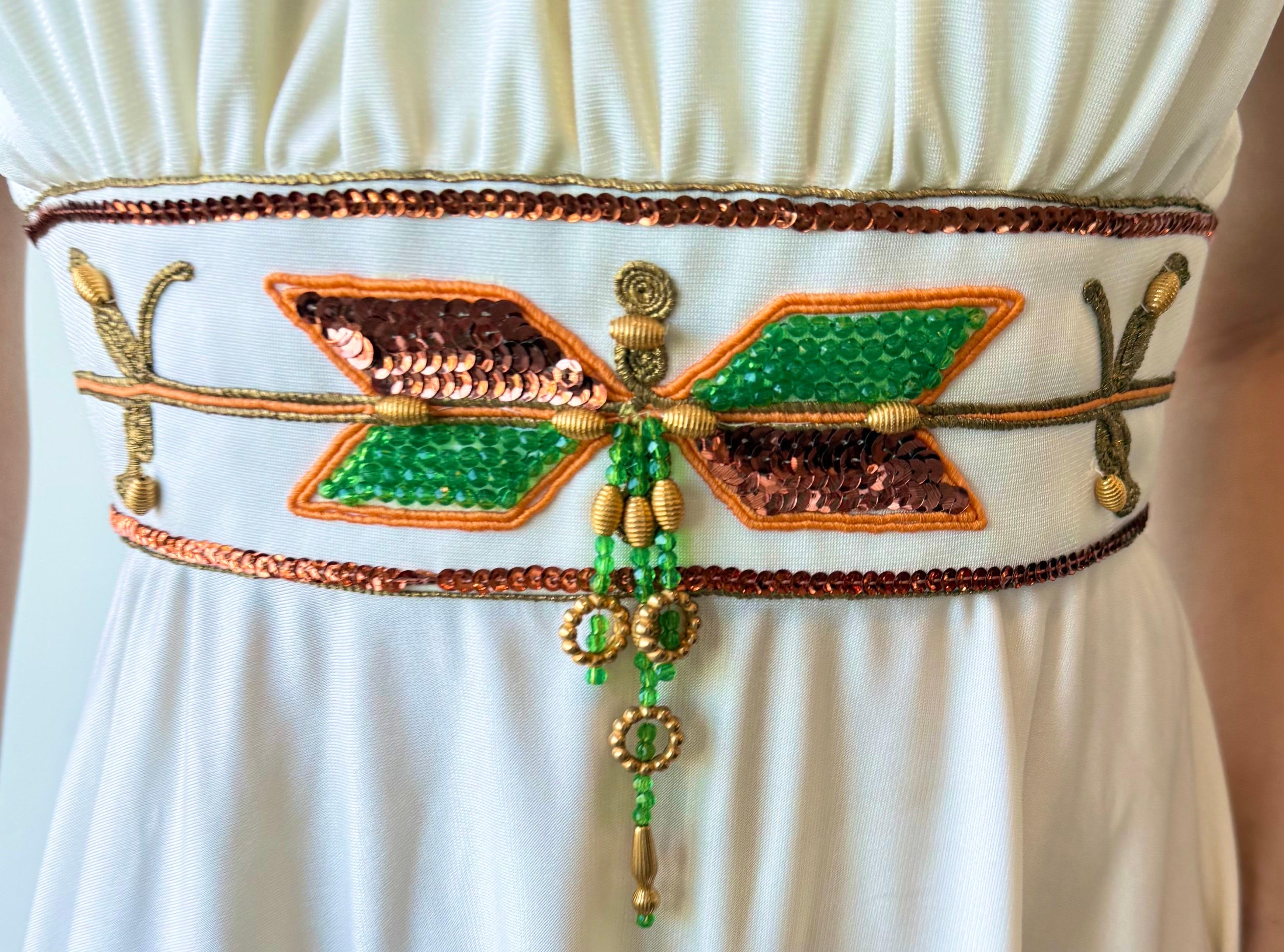 NWT Vintage 1970s Birdine's Sunshine White Beaded Grecian Maxi Dress Gown en Nuevo estado para la venta en San Diego, CA