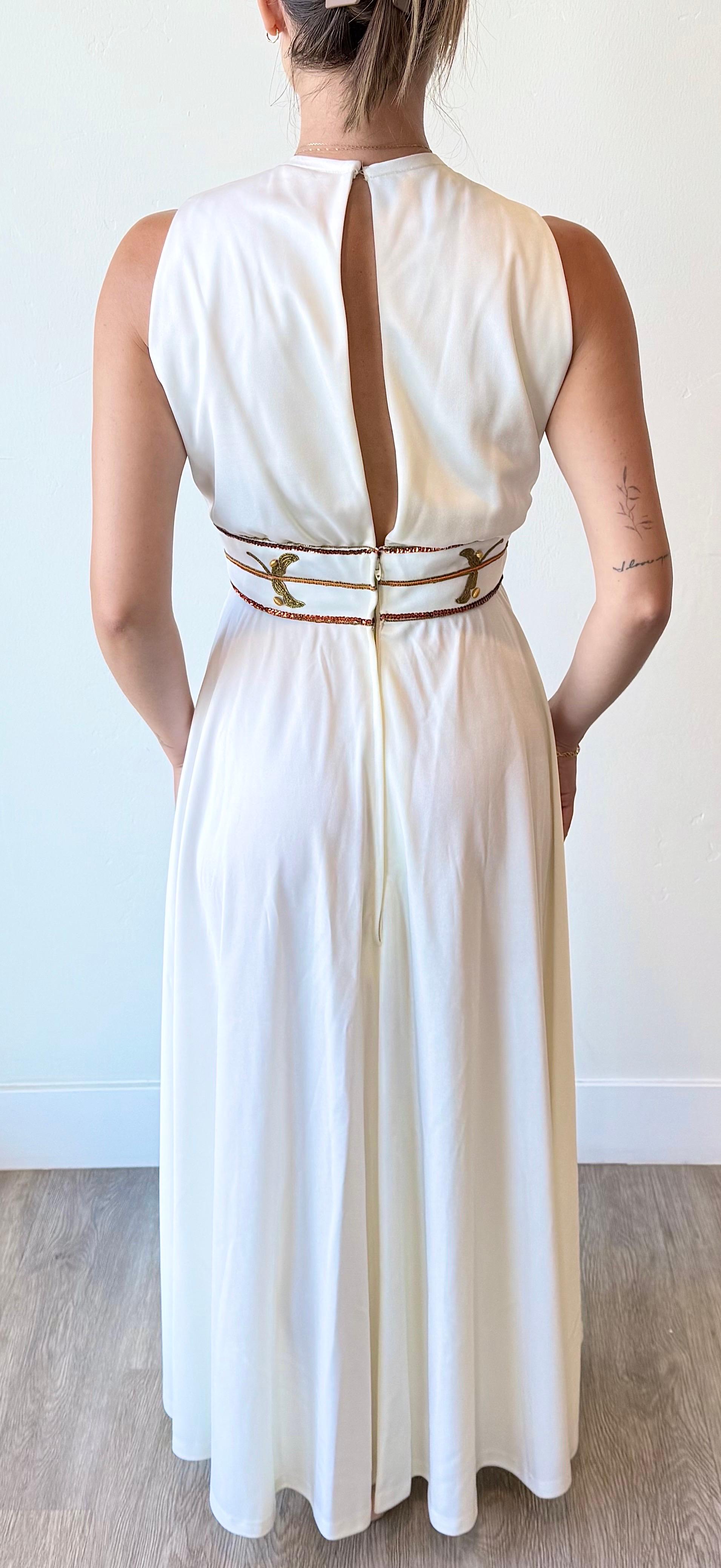 NWT Vintage 1970s Birdine's Sunshine White Beaded Grecian Maxi Dress Gown en venta 1