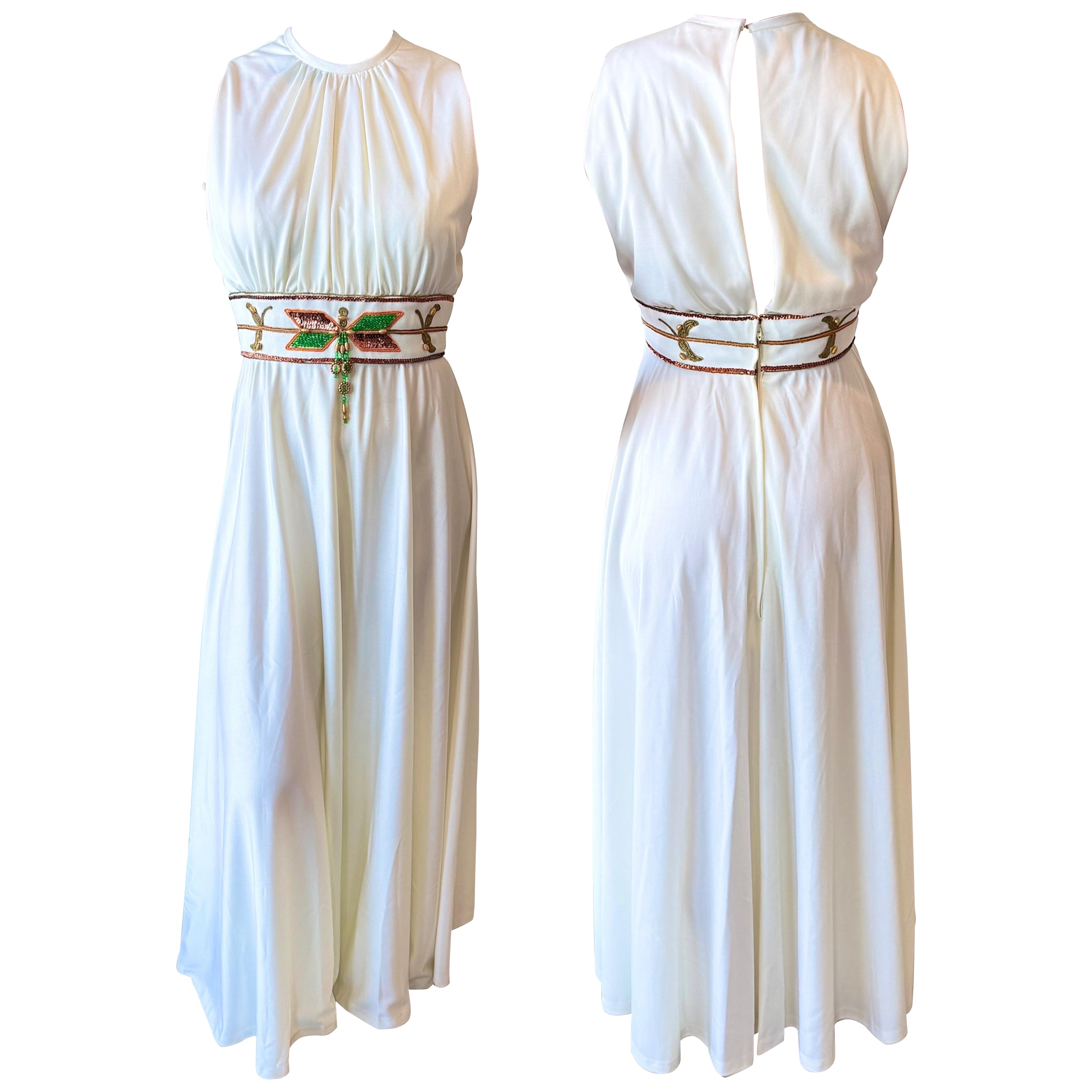 NWT Vintage 1970s Birdine
s Sunshine White Beaded Grecian Maxi Dress Gown