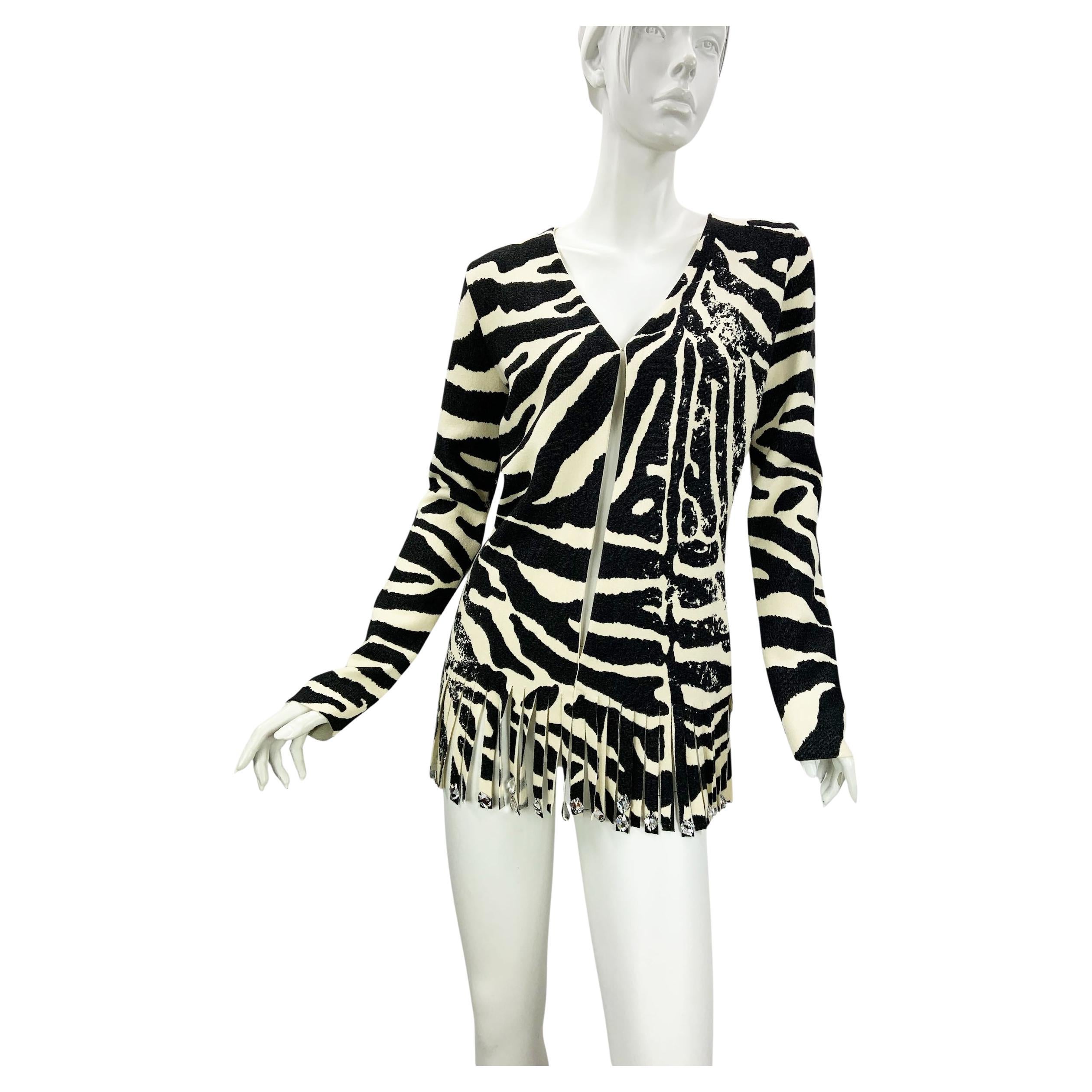 NWT Vintage Blumarine FW 2010 Swarovski Crystals Fringe Wool Cardigan It 44 US 8 en vente