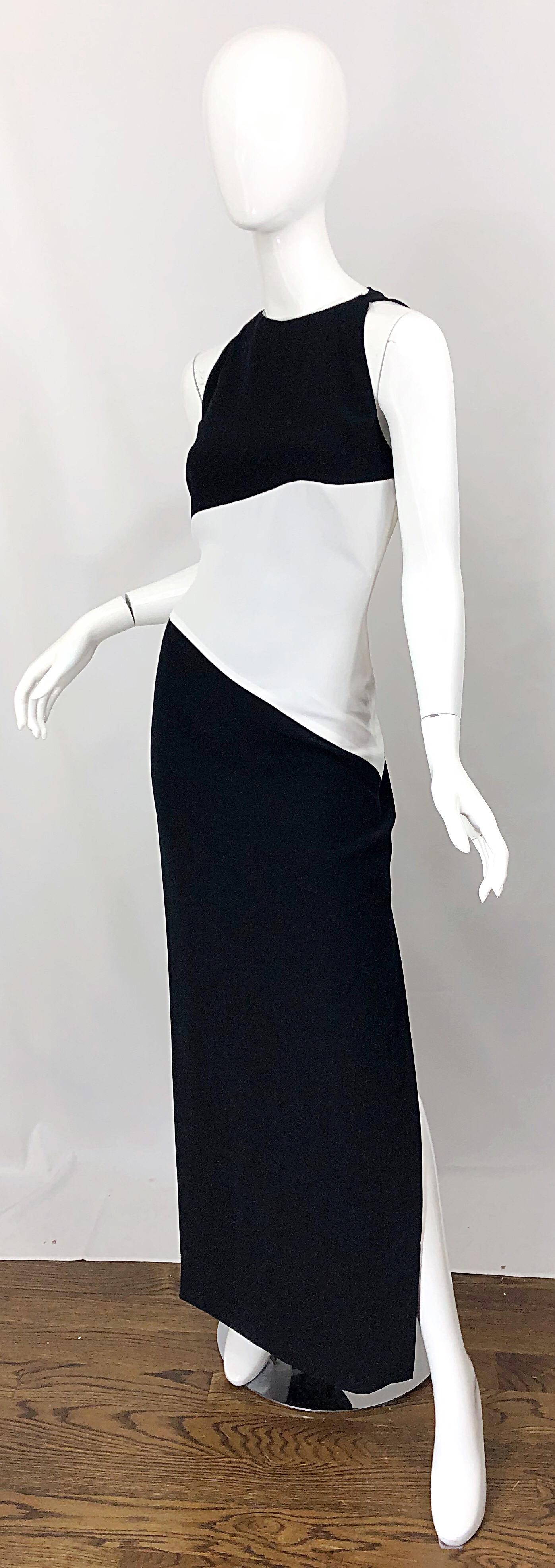 Women's NWT Vintage Bob Mackie Size 8 Black and White Color Block Sleeveless Gown Dress For Sale