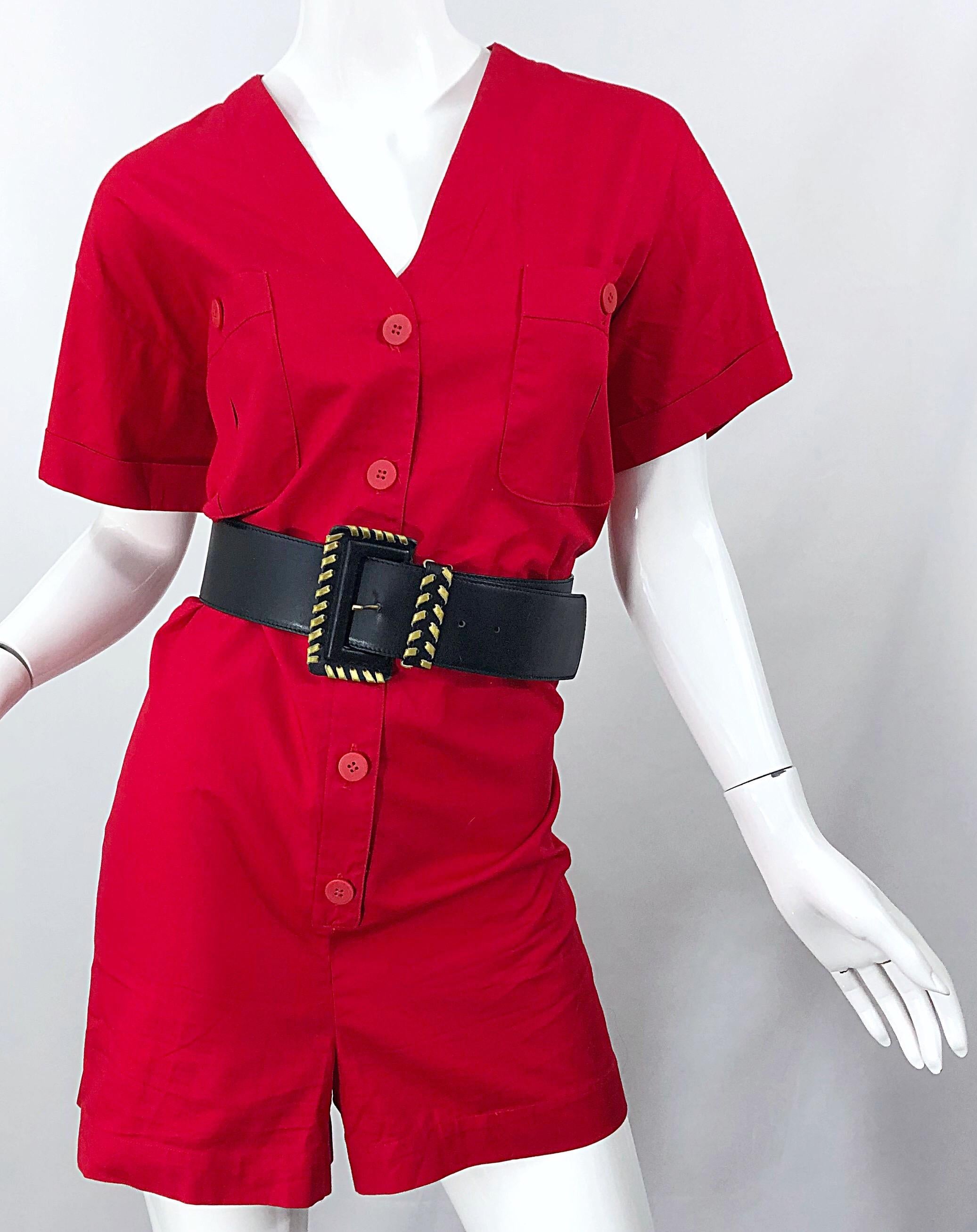 NWT Vintage Christian Dior Romper Size 14 Lipstick Red Cotton One Piece Jumpsuit For Sale 3