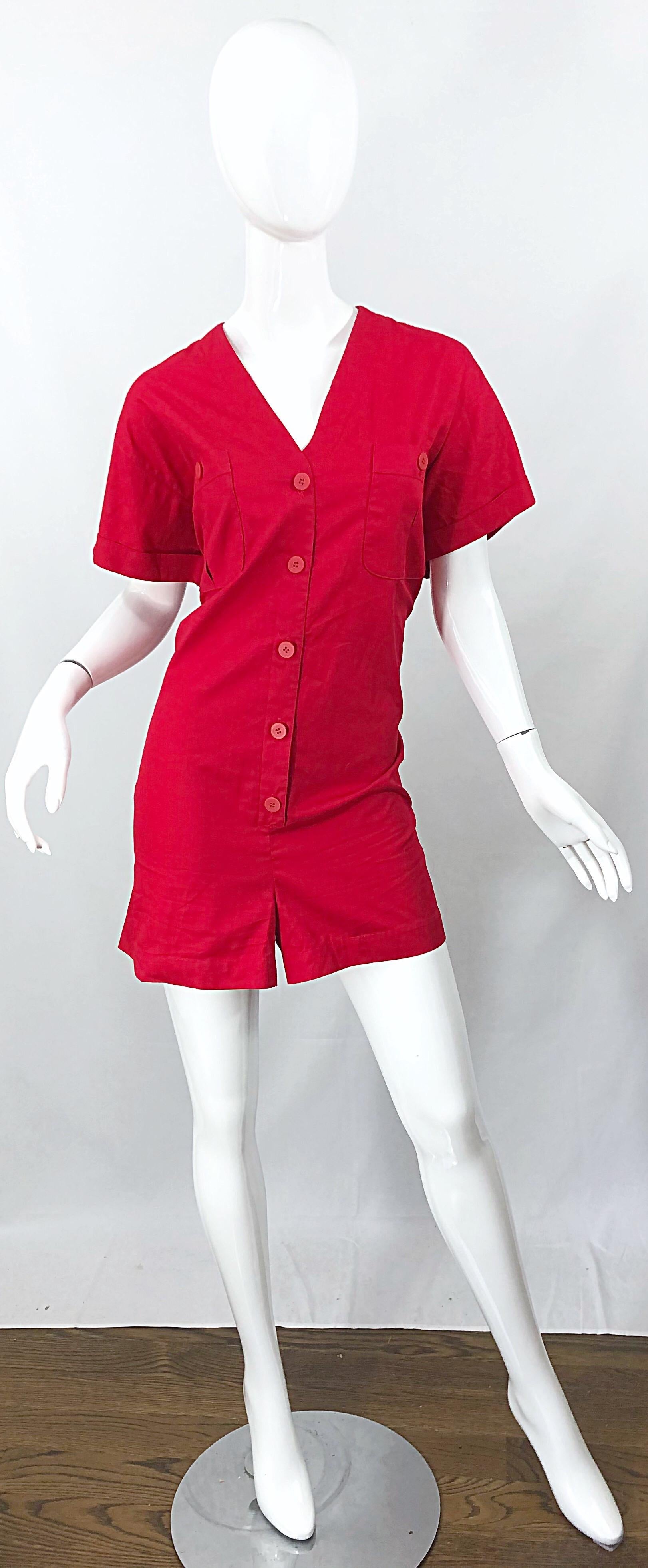 NWT Vintage Christian Dior Romper Size 14 Lipstick Red Cotton One Piece Jumpsuit For Sale 5